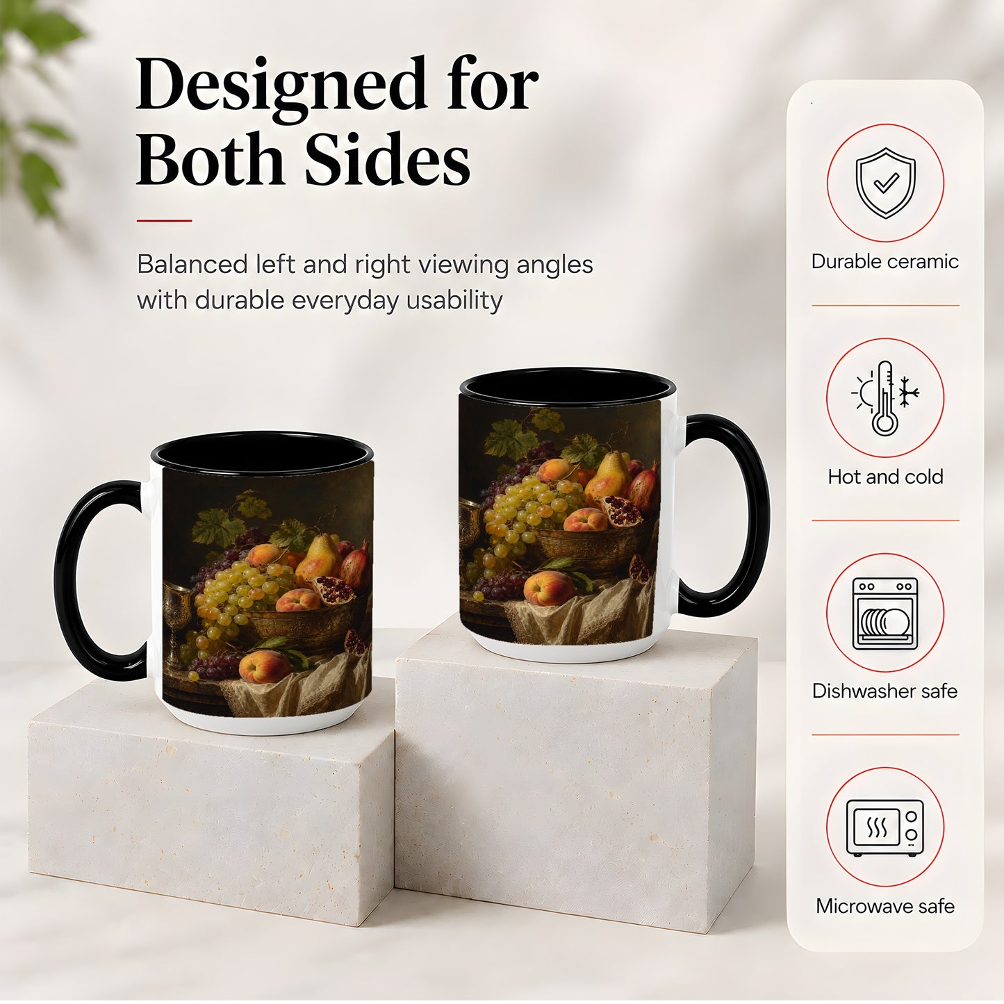 #pl[15oz|Black] Fruit Still Life Ceramic Mug, Vintage Grapes and Pomegranate Art