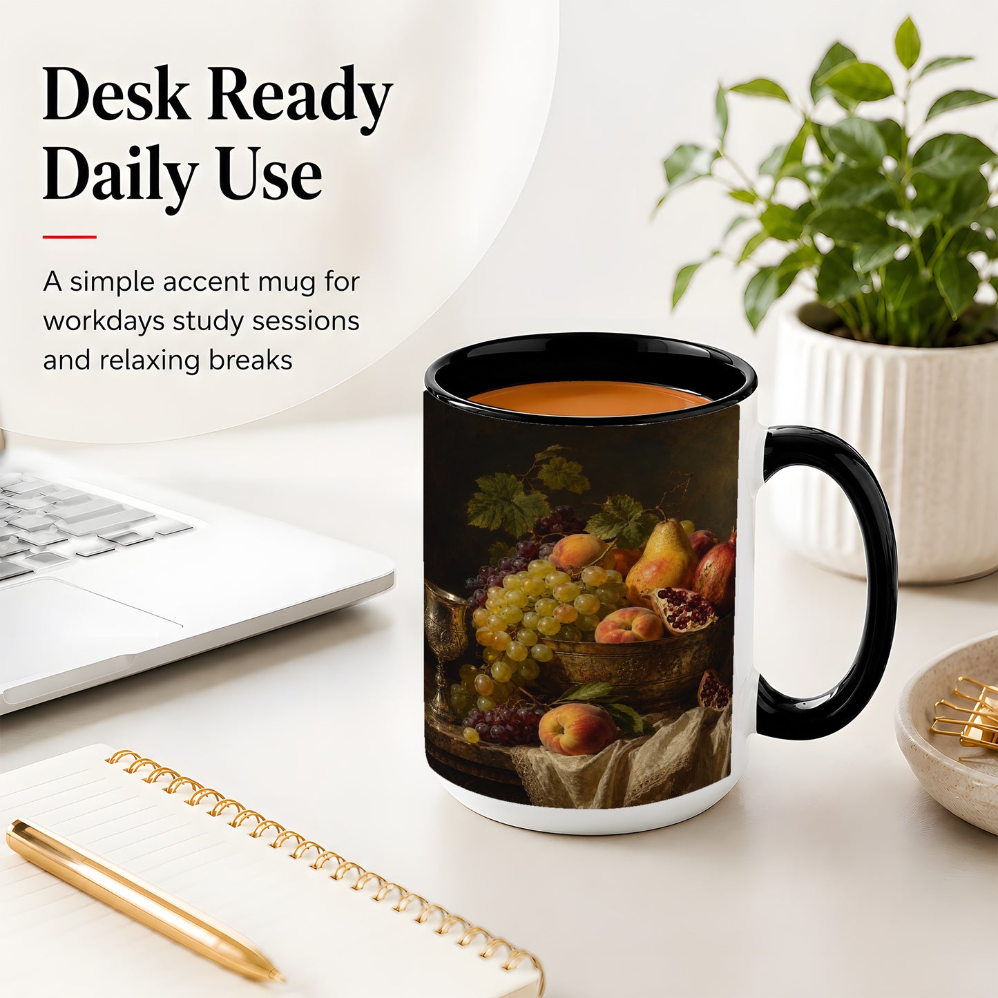 #pl[15oz|Black] Fruit Still Life Ceramic Mug, Vintage Grapes and Pomegranate Art
