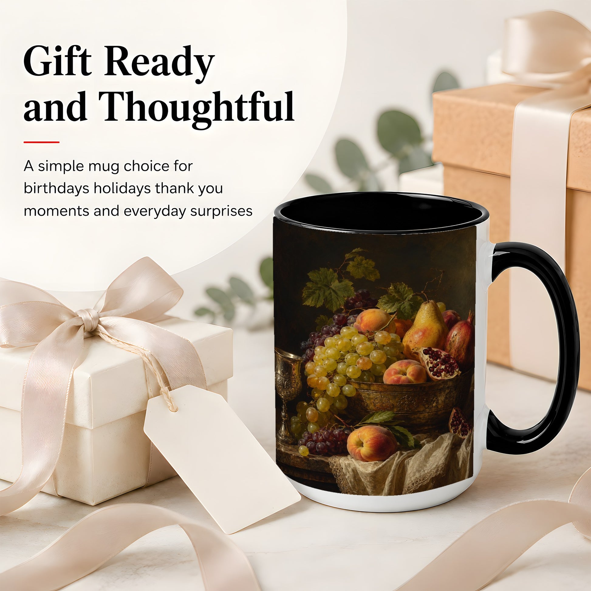 #pl[15oz|Black] Fruit Still Life Ceramic Mug, Vintage Grapes and Pomegranate Art