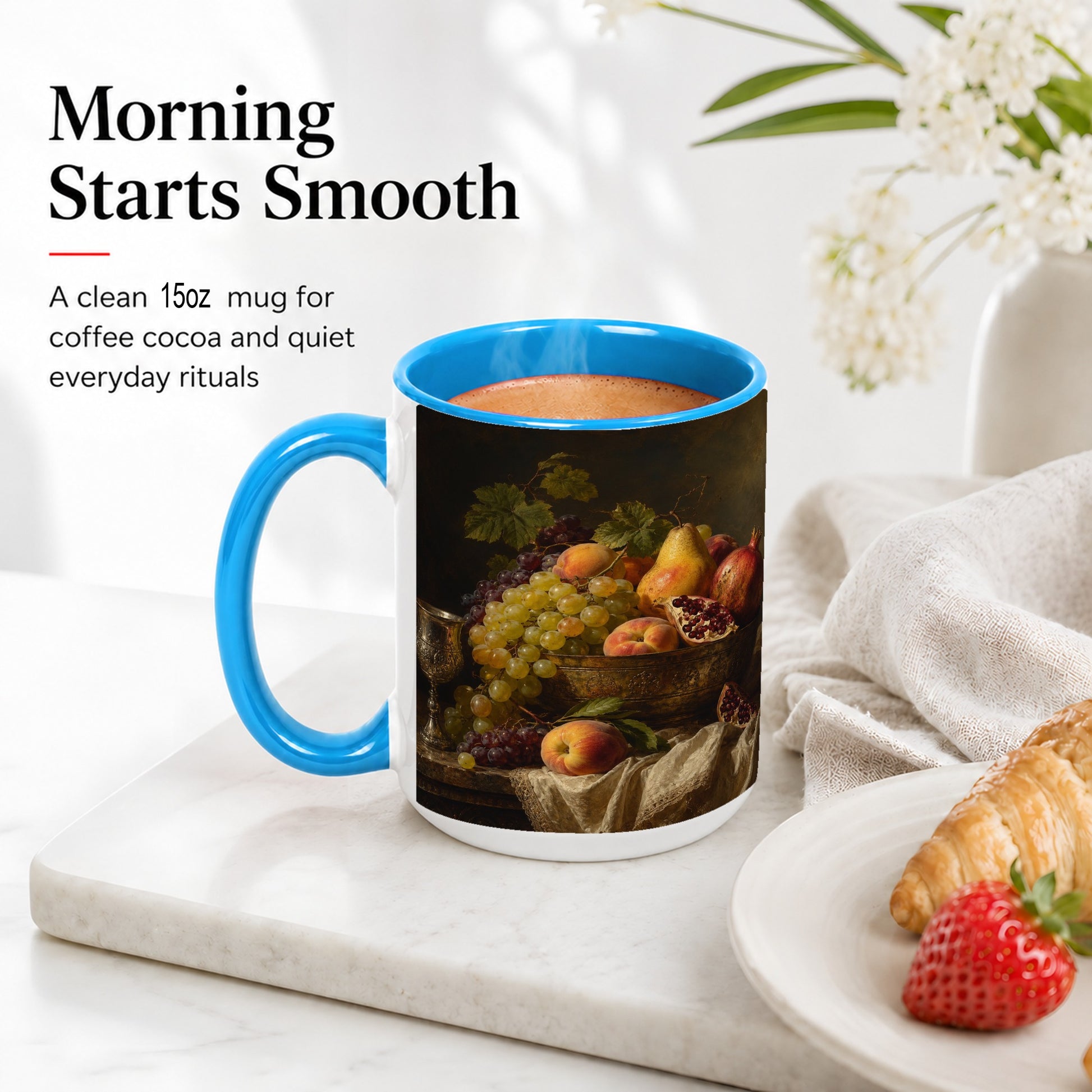 #pl[15oz|Blue] Fruit Still Life Ceramic Mug, Vintage Grapes and Pomegranate Art