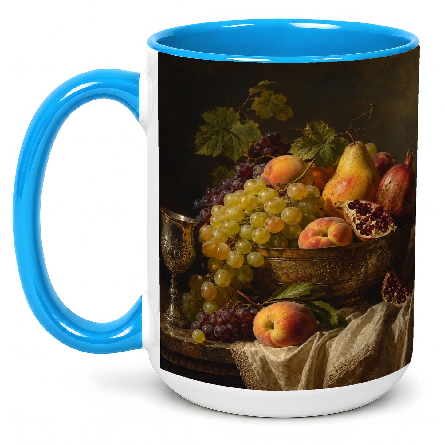 #pl[15oz|Blue] Fruit Still Life Ceramic Mug, Vintage Grapes and Pomegranate Art