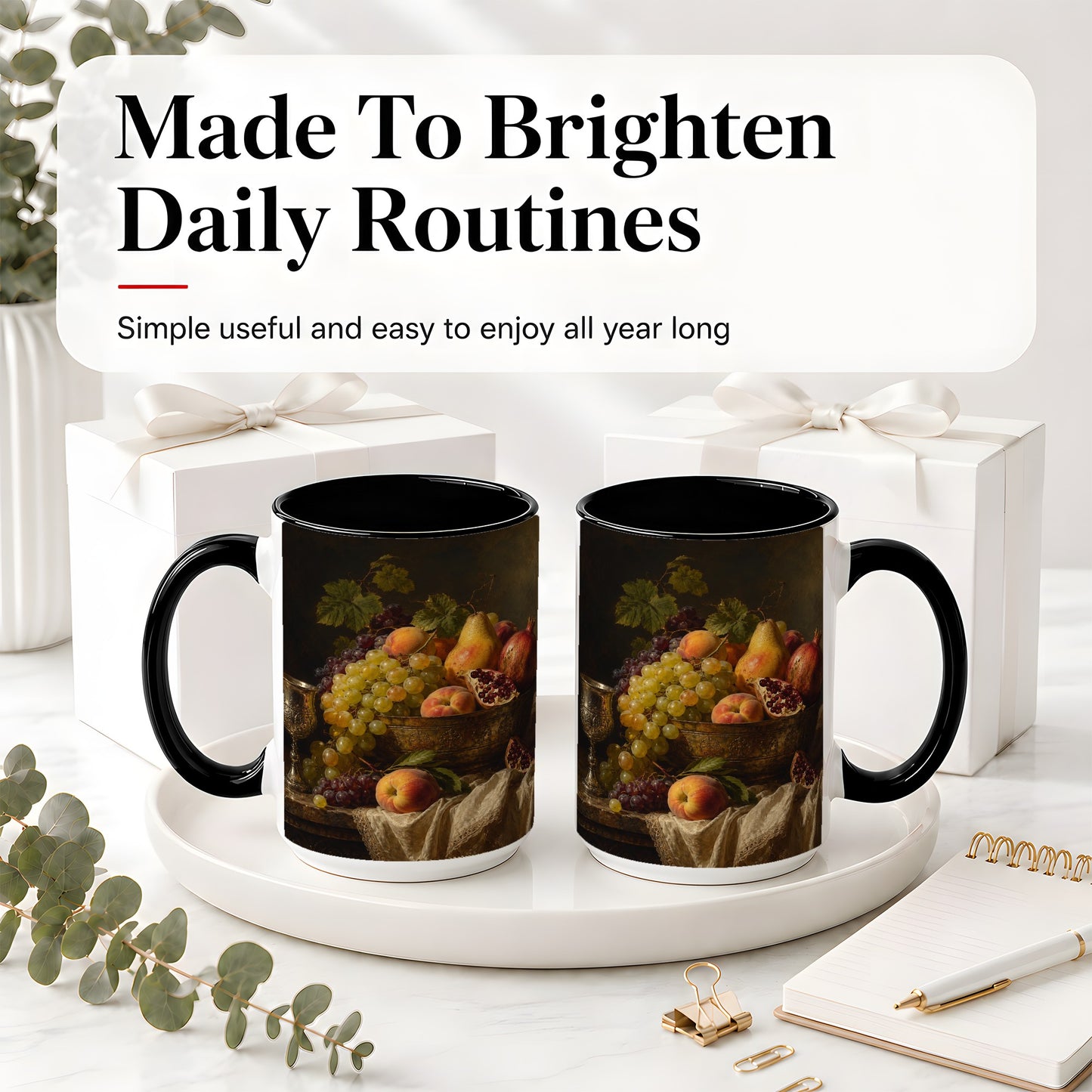 #pl[15oz|Black] Fruit Still Life Ceramic Mug, Vintage Grapes and Pomegranate Art