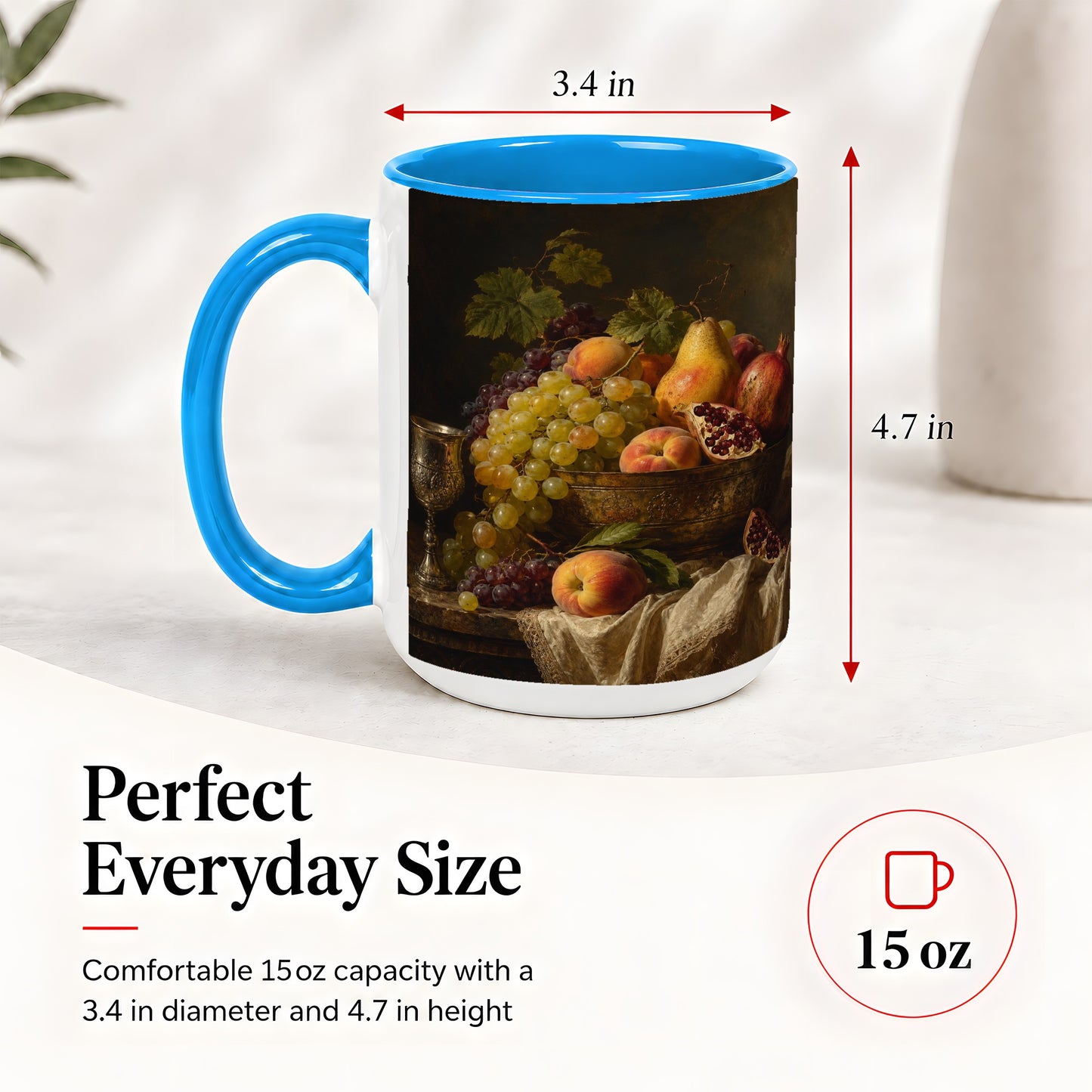 #pl[15oz|Blue] Fruit Still Life Ceramic Mug, Vintage Grapes and Pomegranate Art