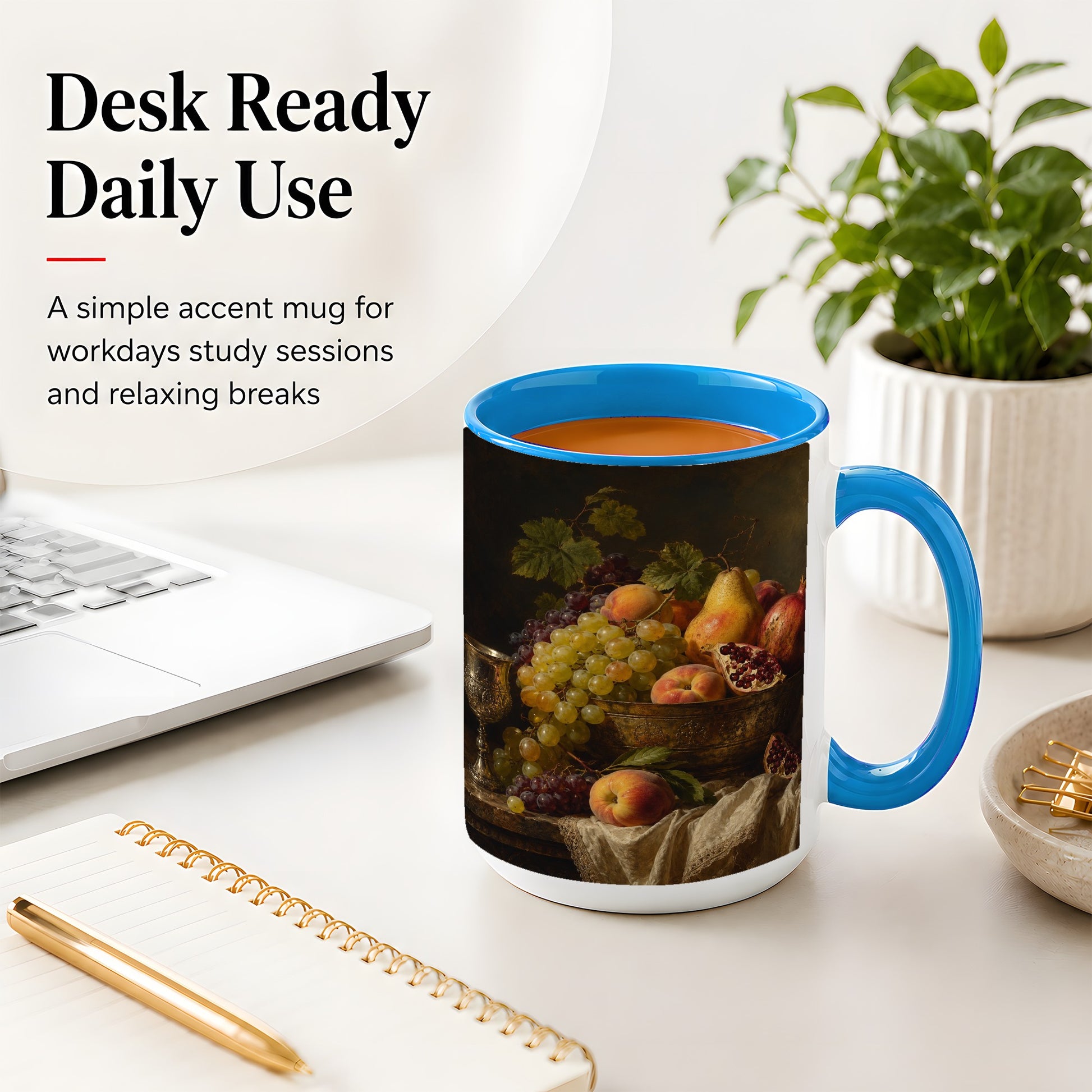 #pl[15oz|Blue] Fruit Still Life Ceramic Mug, Vintage Grapes and Pomegranate Art