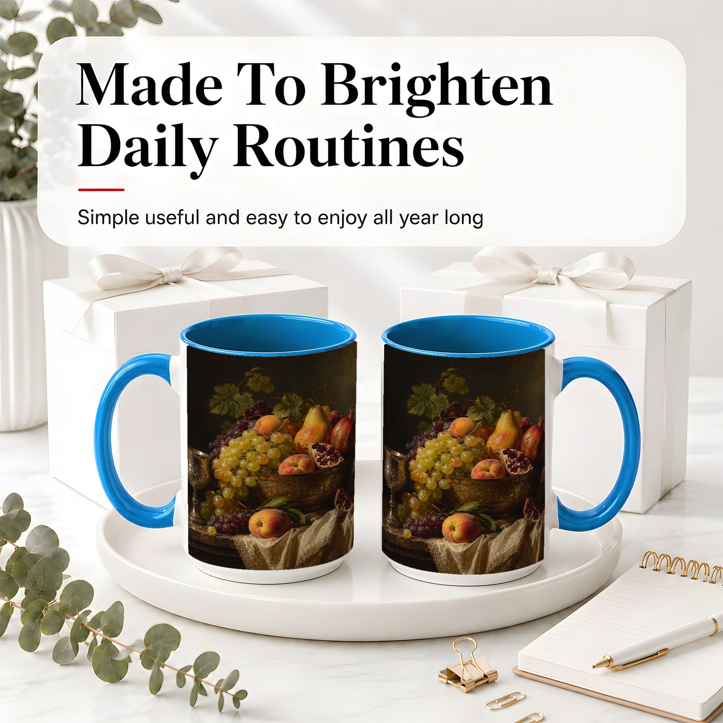 #pl[15oz|Blue] Fruit Still Life Ceramic Mug, Vintage Grapes and Pomegranate Art