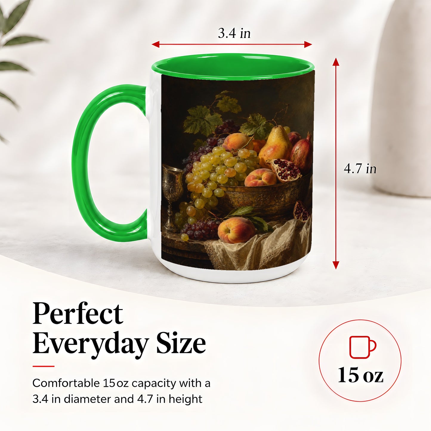 #pl[15oz|Green] Fruit Still Life Ceramic Mug, Vintage Grapes and Pomegranate Art