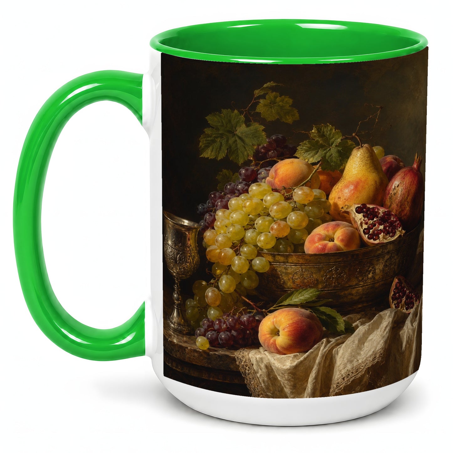 #pl[15oz|Green] Fruit Still Life Ceramic Mug, Vintage Grapes and Pomegranate Art