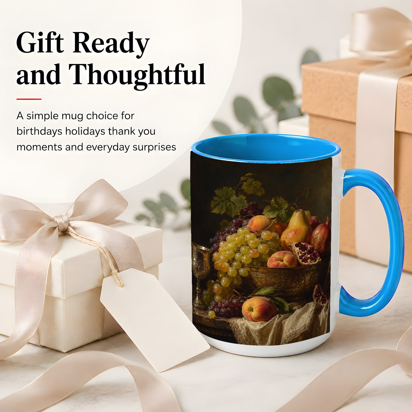 #pl[15oz|Blue] Fruit Still Life Ceramic Mug, Vintage Grapes and Pomegranate Art