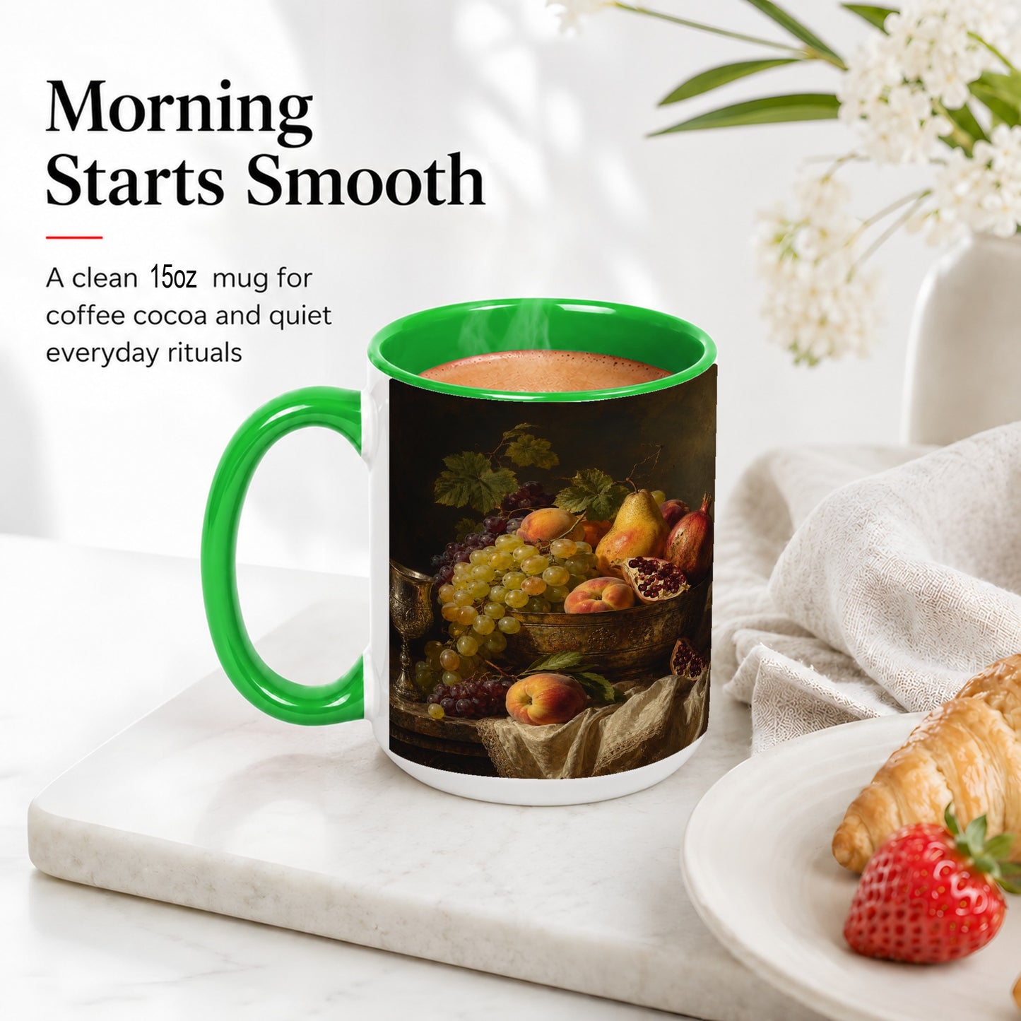 #pl[15oz|Green] Fruit Still Life Ceramic Mug, Vintage Grapes and Pomegranate Art