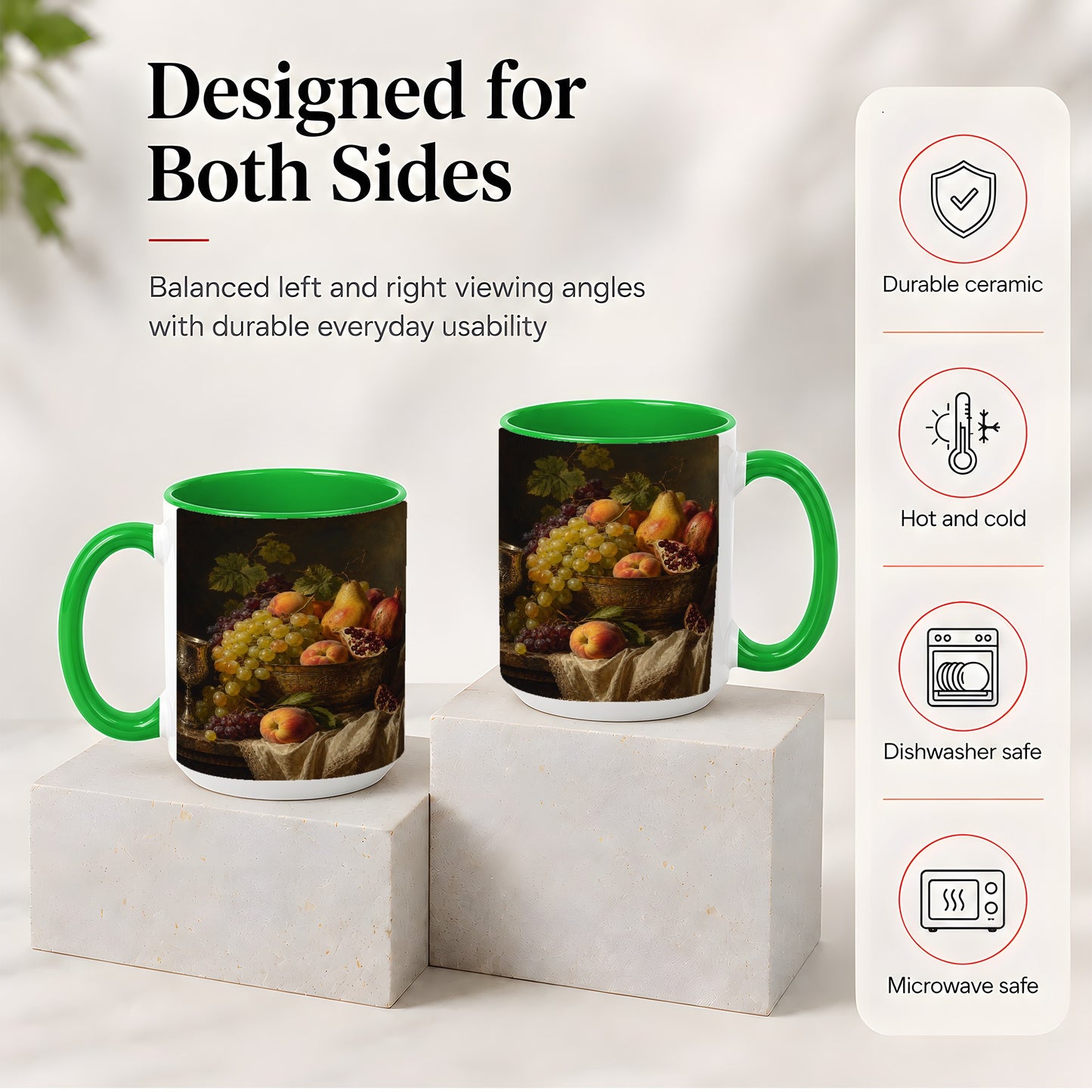 #pl[15oz|Green] Fruit Still Life Ceramic Mug, Vintage Grapes and Pomegranate Art