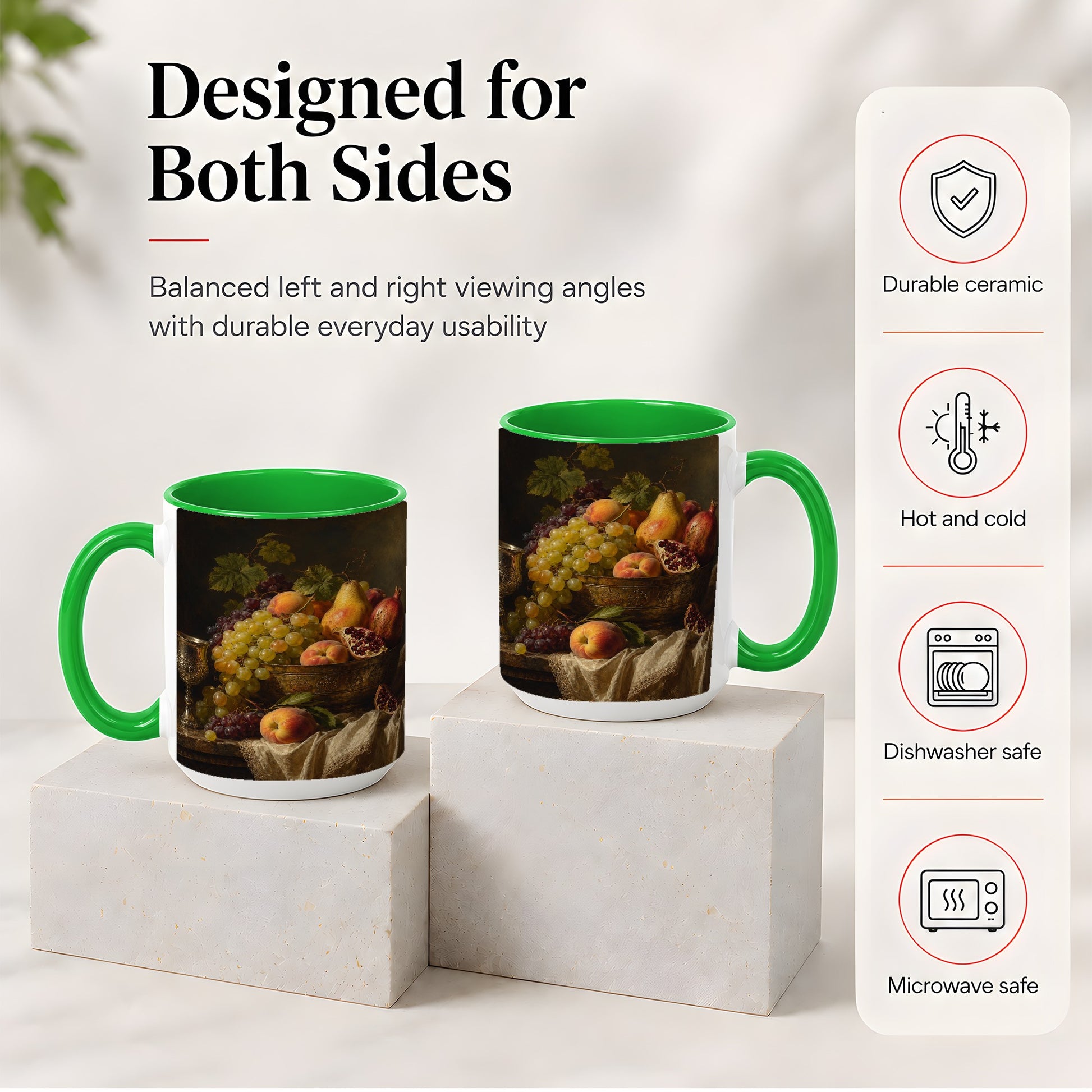 #pl[15oz|Green] Fruit Still Life Ceramic Mug, Vintage Grapes and Pomegranate Art