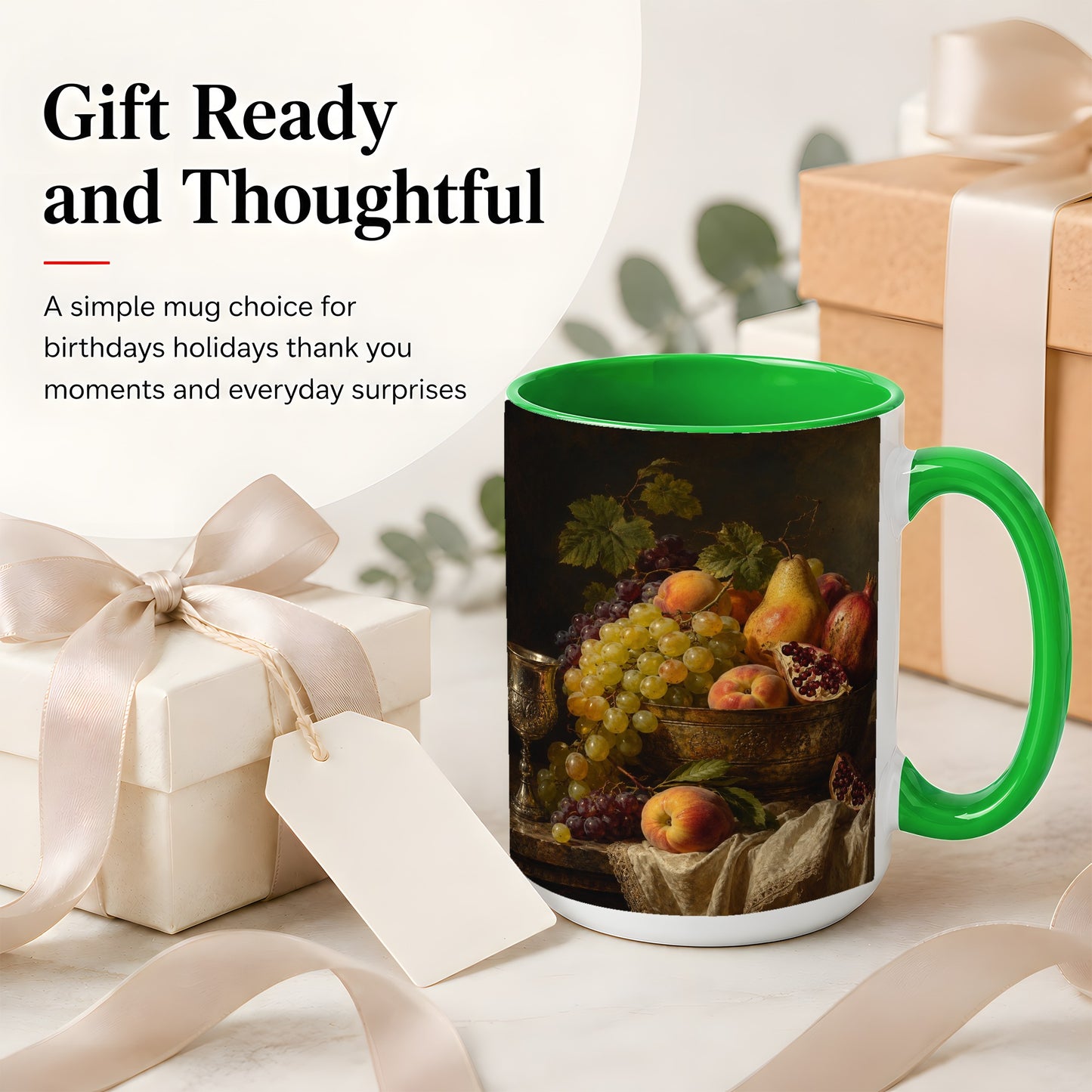 #pl[15oz|Green] Fruit Still Life Ceramic Mug, Vintage Grapes and Pomegranate Art