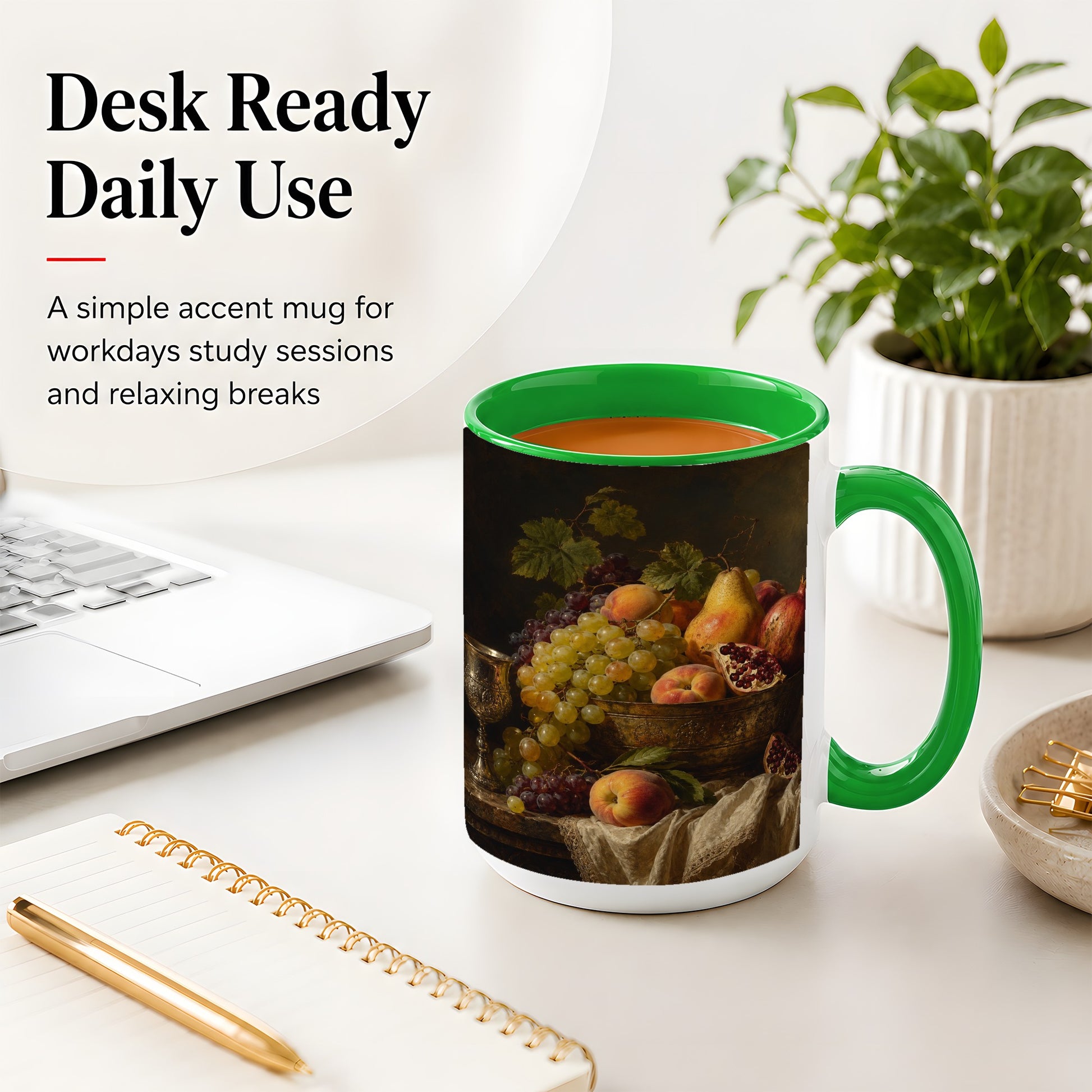 #pl[15oz|Green] Fruit Still Life Ceramic Mug, Vintage Grapes and Pomegranate Art