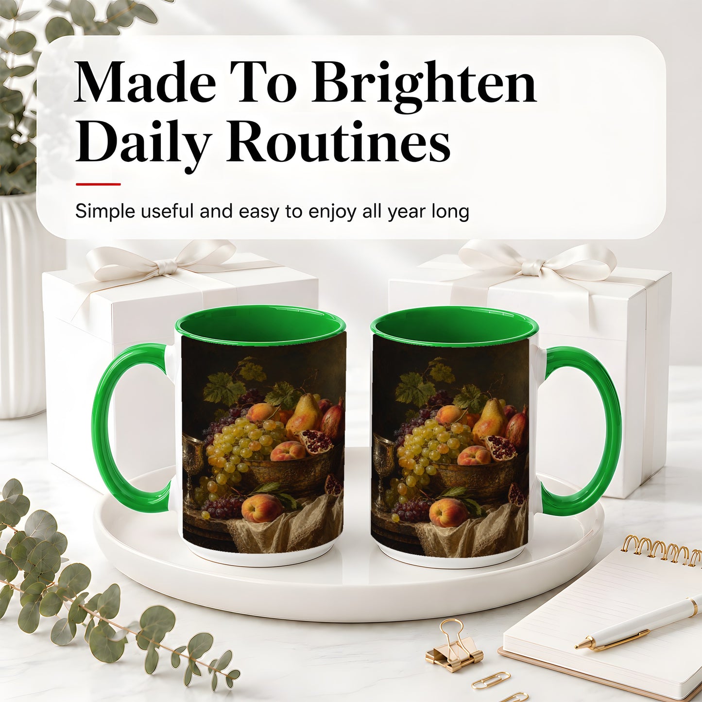 #pl[15oz|Green] Fruit Still Life Ceramic Mug, Vintage Grapes and Pomegranate Art