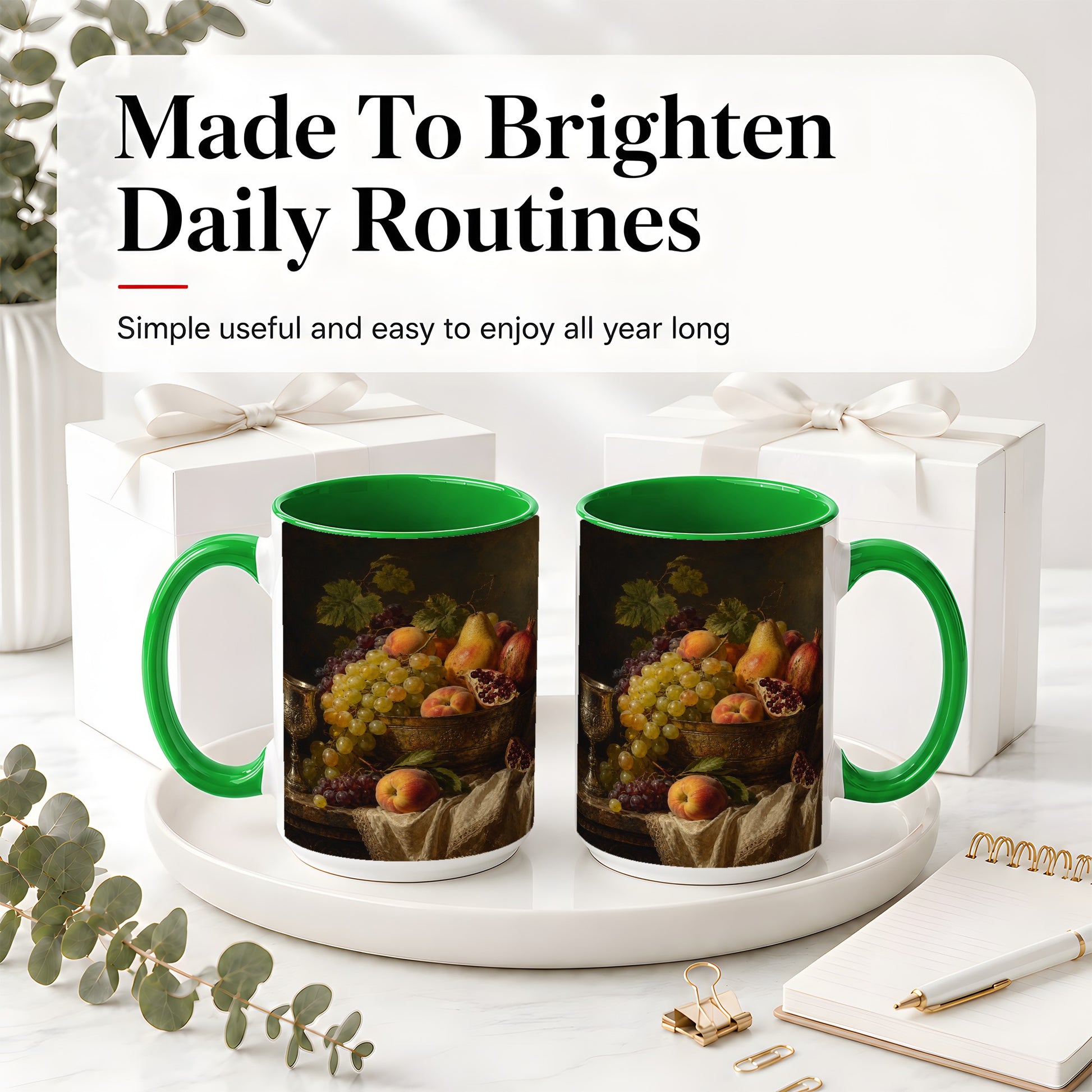 #pl[15oz|Green] Fruit Still Life Ceramic Mug, Vintage Grapes and Pomegranate Art