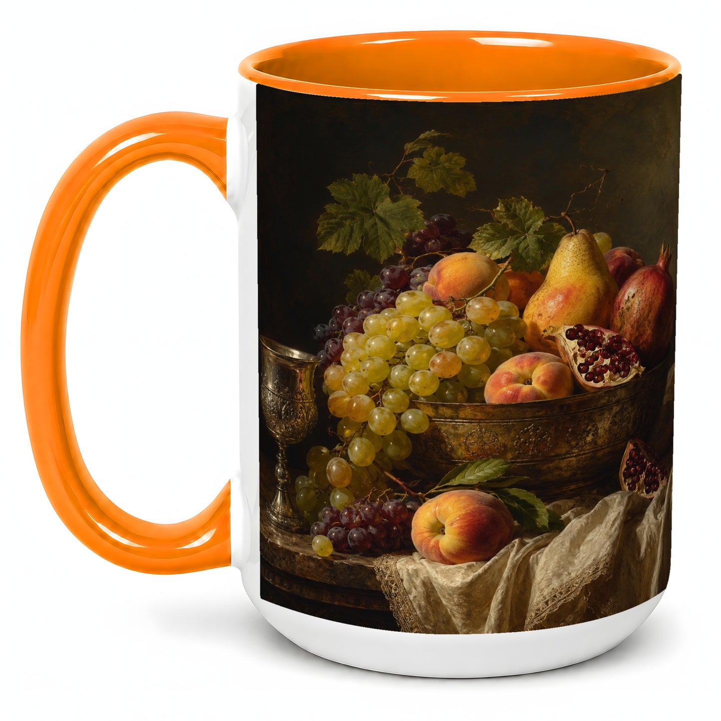 #pl[15oz|Orange] Fruit Still Life Ceramic Mug, Vintage Grapes and Pomegranate Art