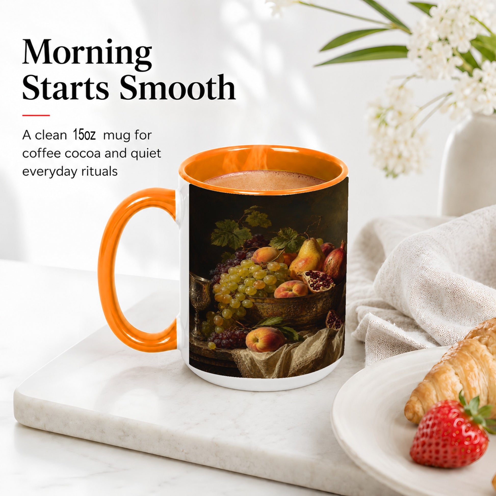 #pl[15oz|Orange] Fruit Still Life Ceramic Mug, Vintage Grapes and Pomegranate Art