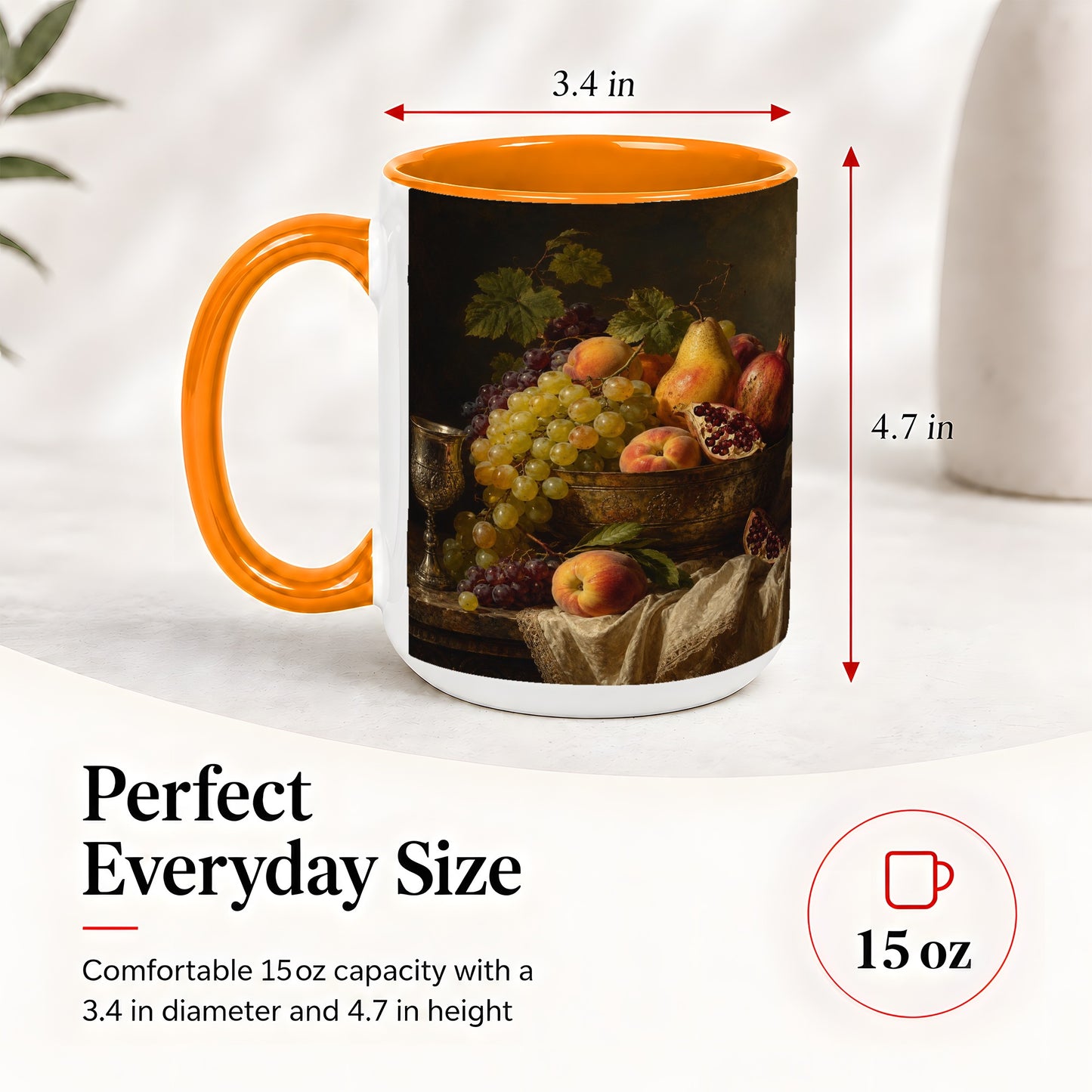 #pl[15oz|Orange] Fruit Still Life Ceramic Mug, Vintage Grapes and Pomegranate Art