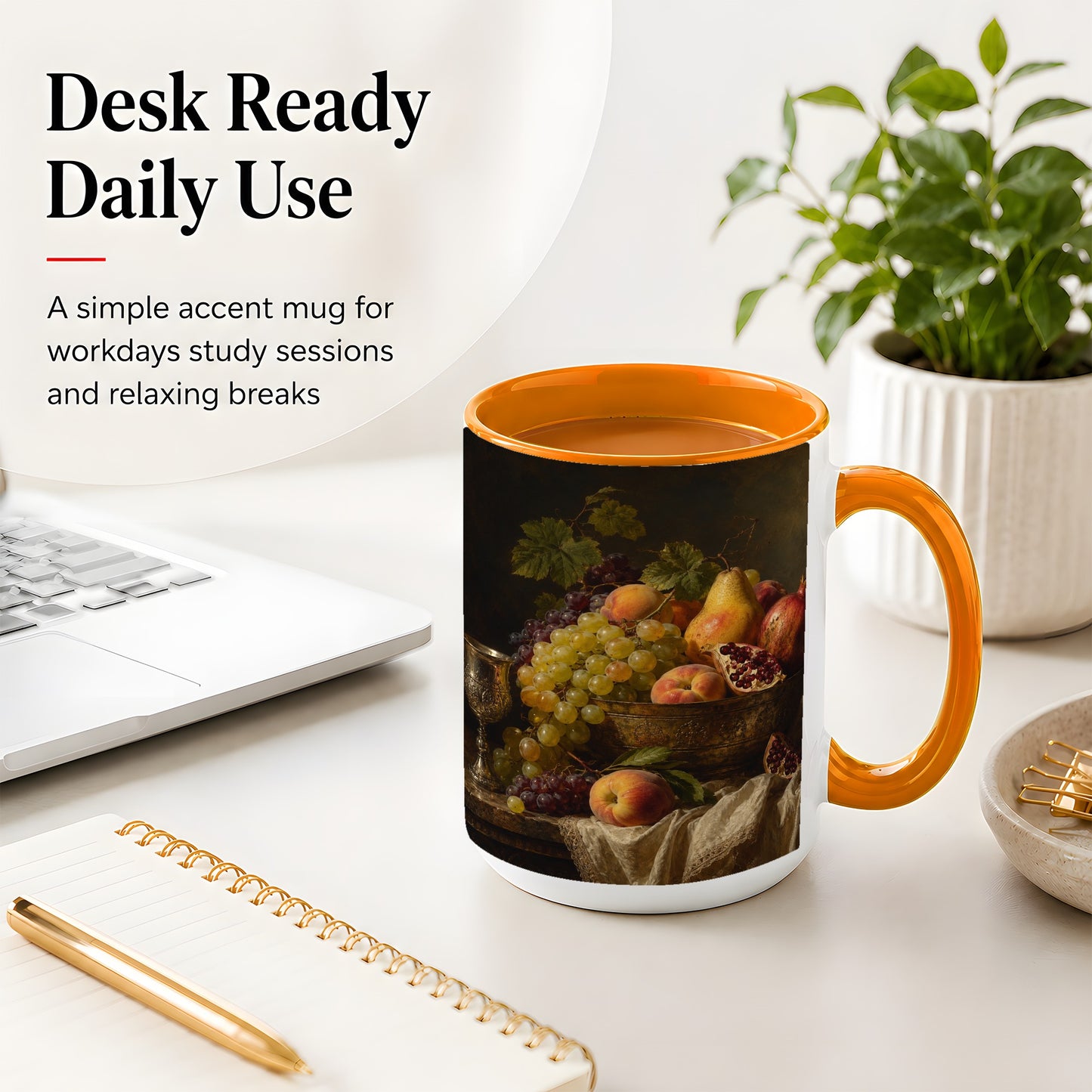 #pl[15oz|Orange] Fruit Still Life Ceramic Mug, Vintage Grapes and Pomegranate Art