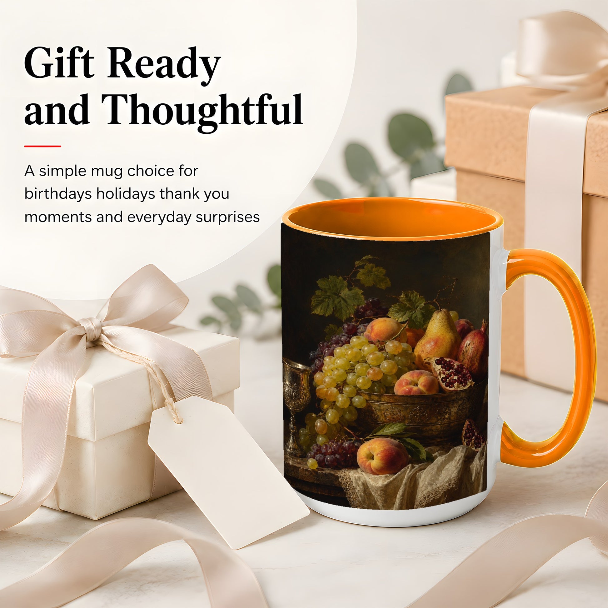 #pl[15oz|Orange] Fruit Still Life Ceramic Mug, Vintage Grapes and Pomegranate Art