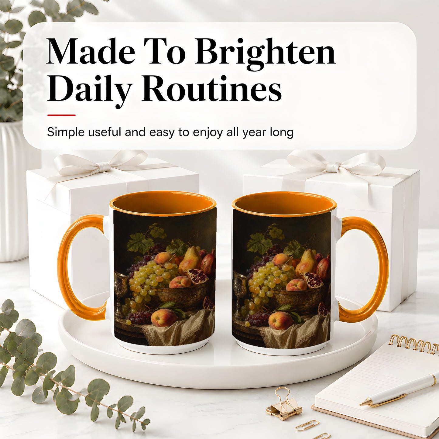 #pl[15oz|Orange] Fruit Still Life Ceramic Mug, Vintage Grapes and Pomegranate Art
