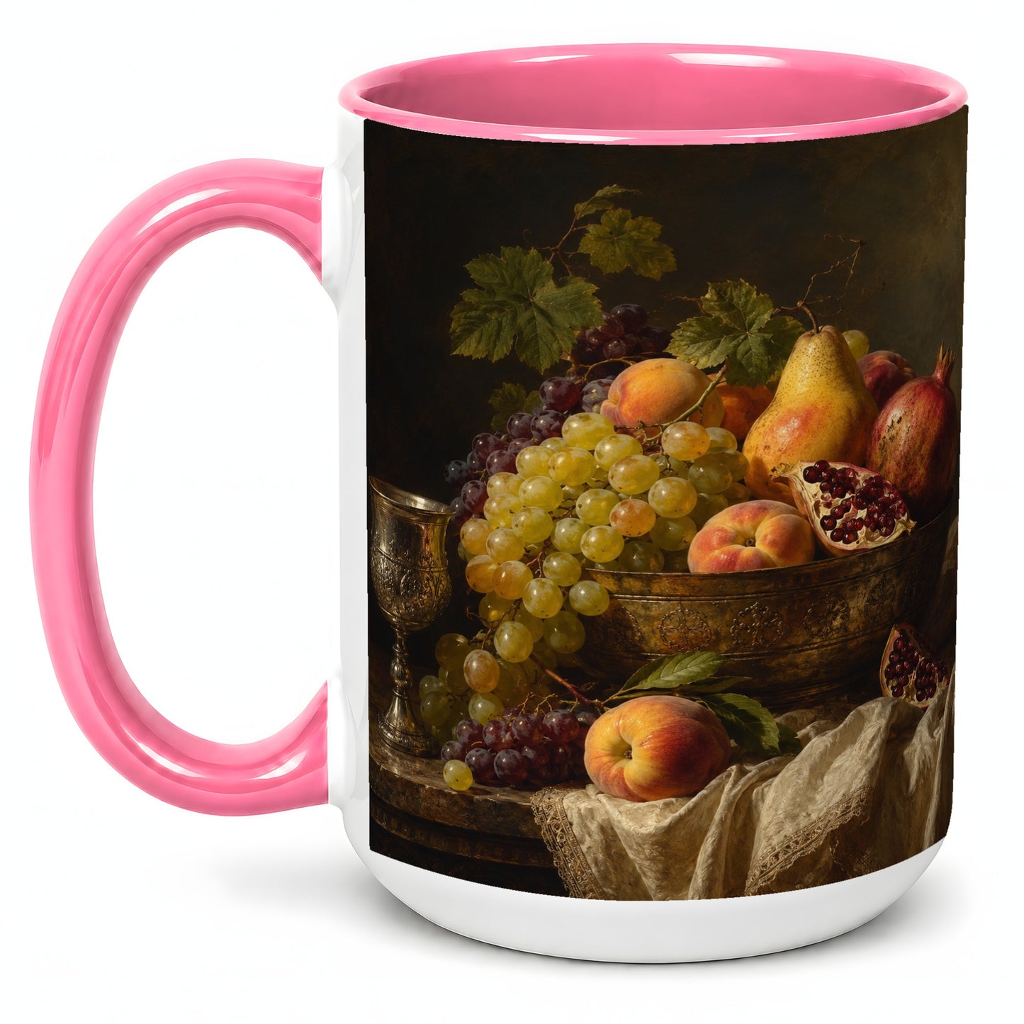 #pl[15oz|Pink] Fruit Still Life Ceramic Mug, Vintage Grapes and Pomegranate Art