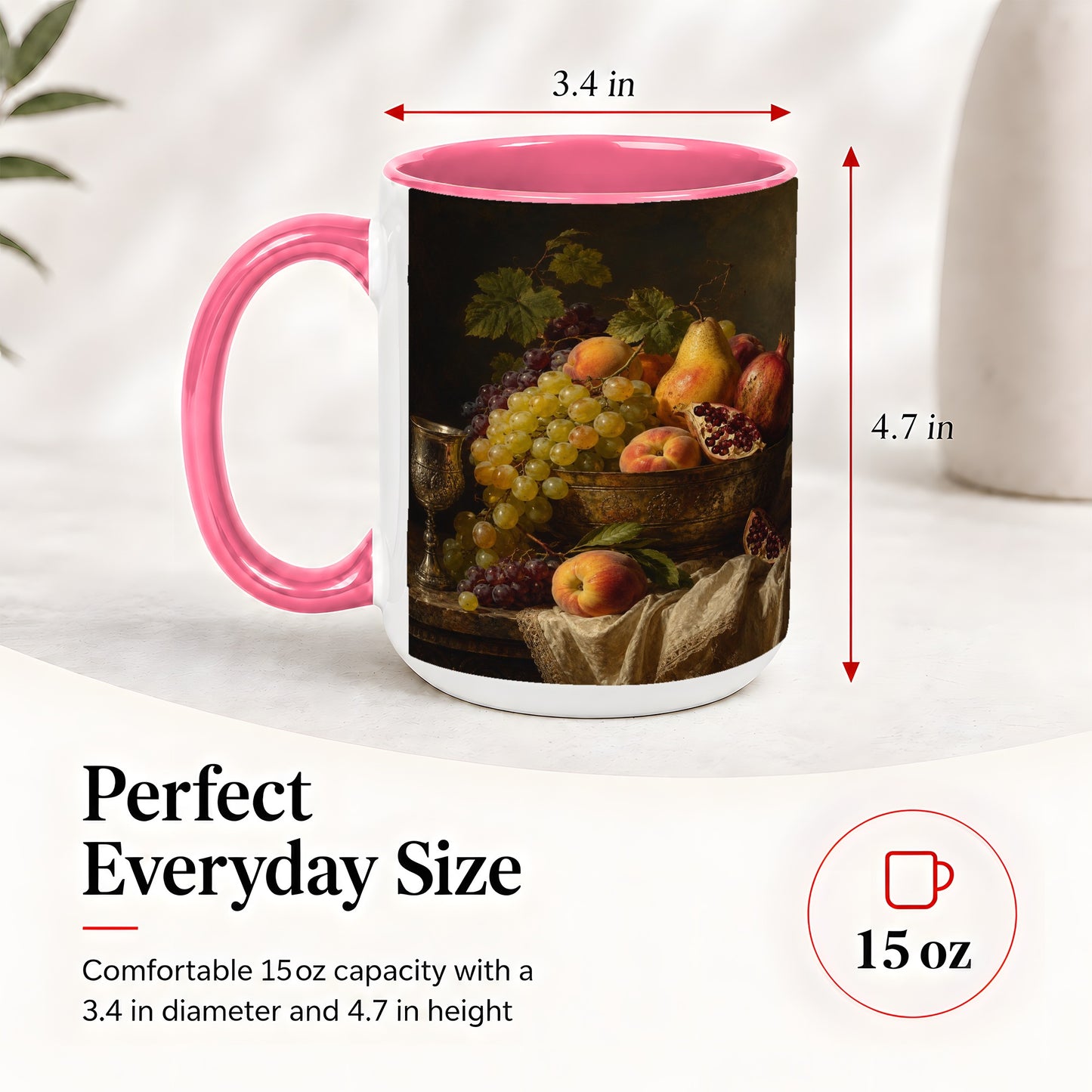 #pl[15oz|Pink] Fruit Still Life Ceramic Mug, Vintage Grapes and Pomegranate Art