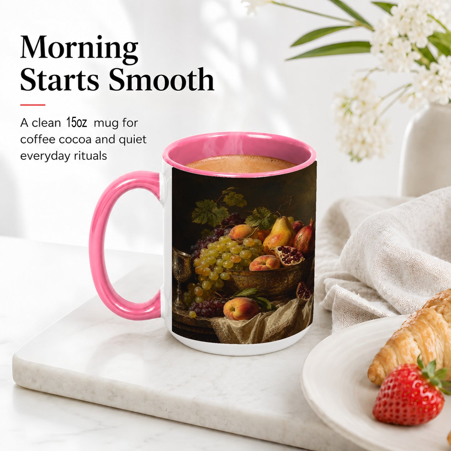 #pl[15oz|Pink] Fruit Still Life Ceramic Mug, Vintage Grapes and Pomegranate Art