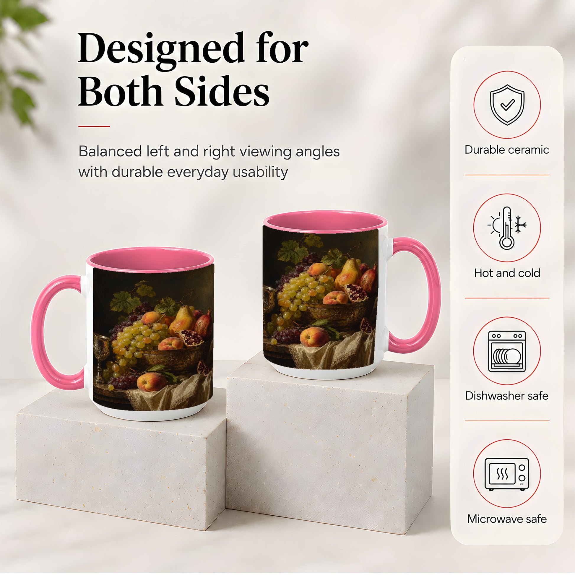 #pl[15oz|Pink] Fruit Still Life Ceramic Mug, Vintage Grapes and Pomegranate Art