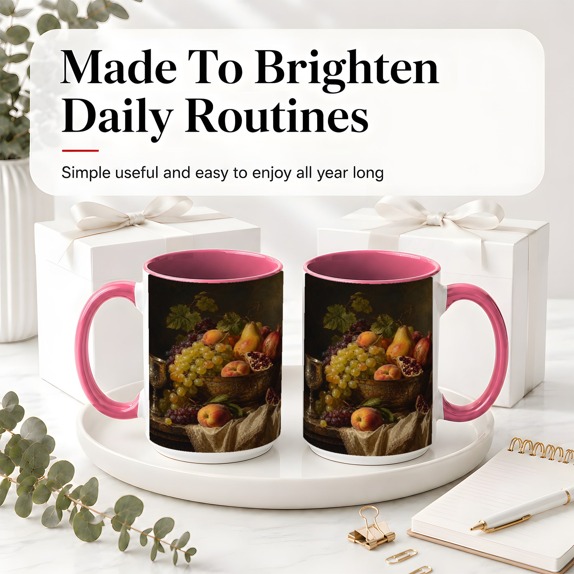 #pl[15oz|Pink] Fruit Still Life Ceramic Mug, Vintage Grapes and Pomegranate Art