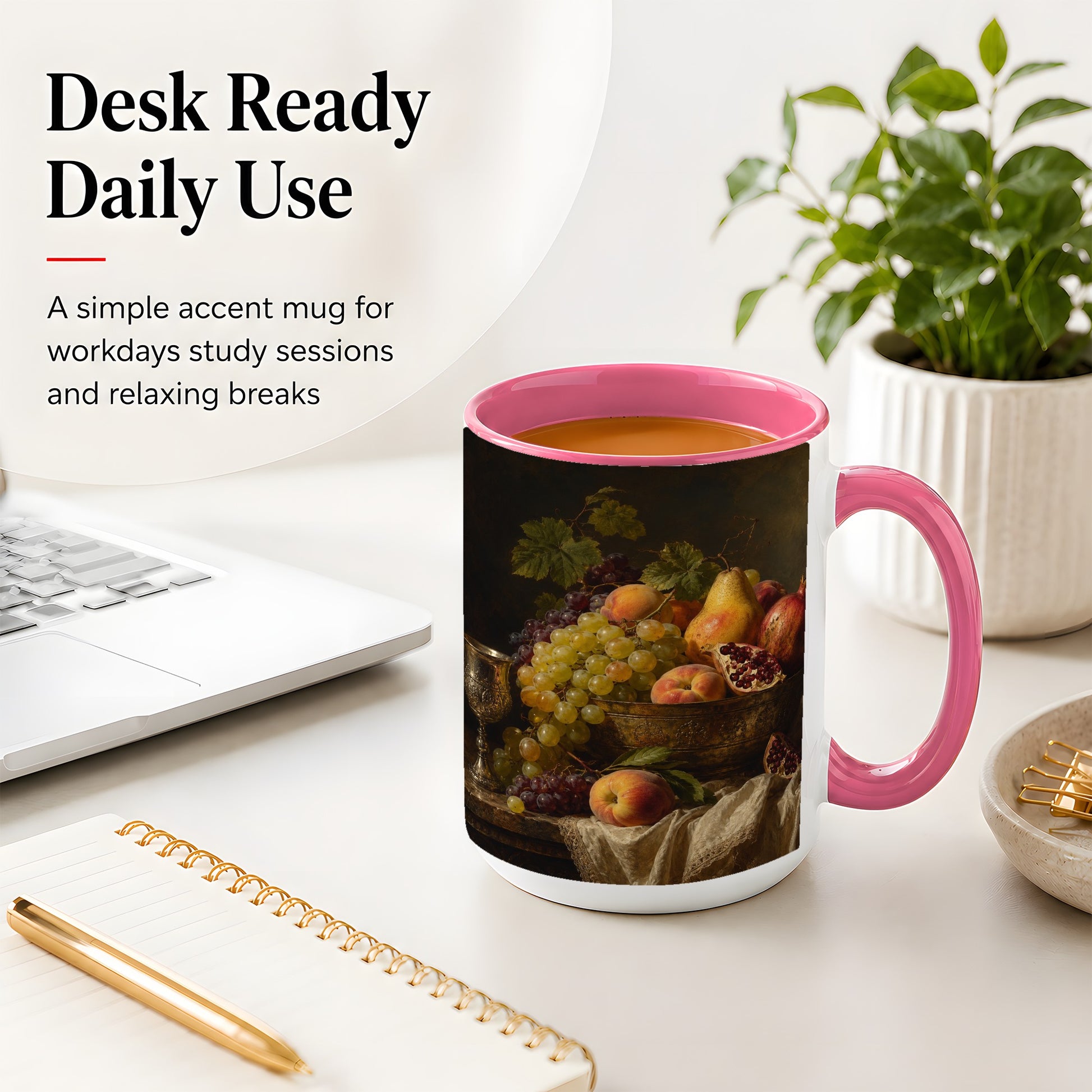 #pl[15oz|Pink] Fruit Still Life Ceramic Mug, Vintage Grapes and Pomegranate Art