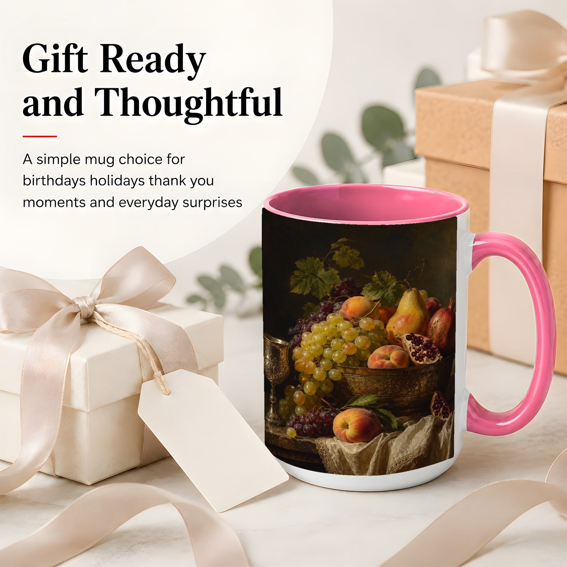 #pl[15oz|Pink] Fruit Still Life Ceramic Mug, Vintage Grapes and Pomegranate Art