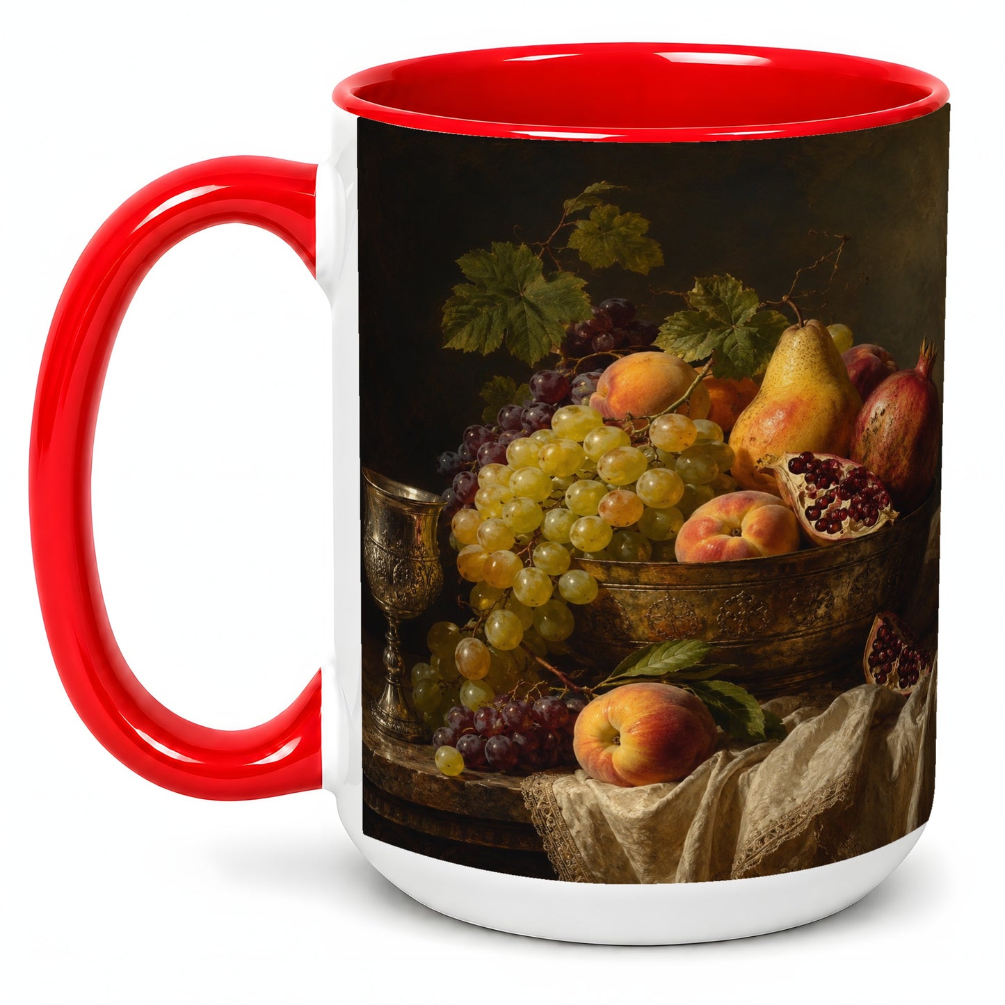 #pl[15oz|Red] Fruit Still Life Ceramic Mug, Vintage Grapes and Pomegranate Art