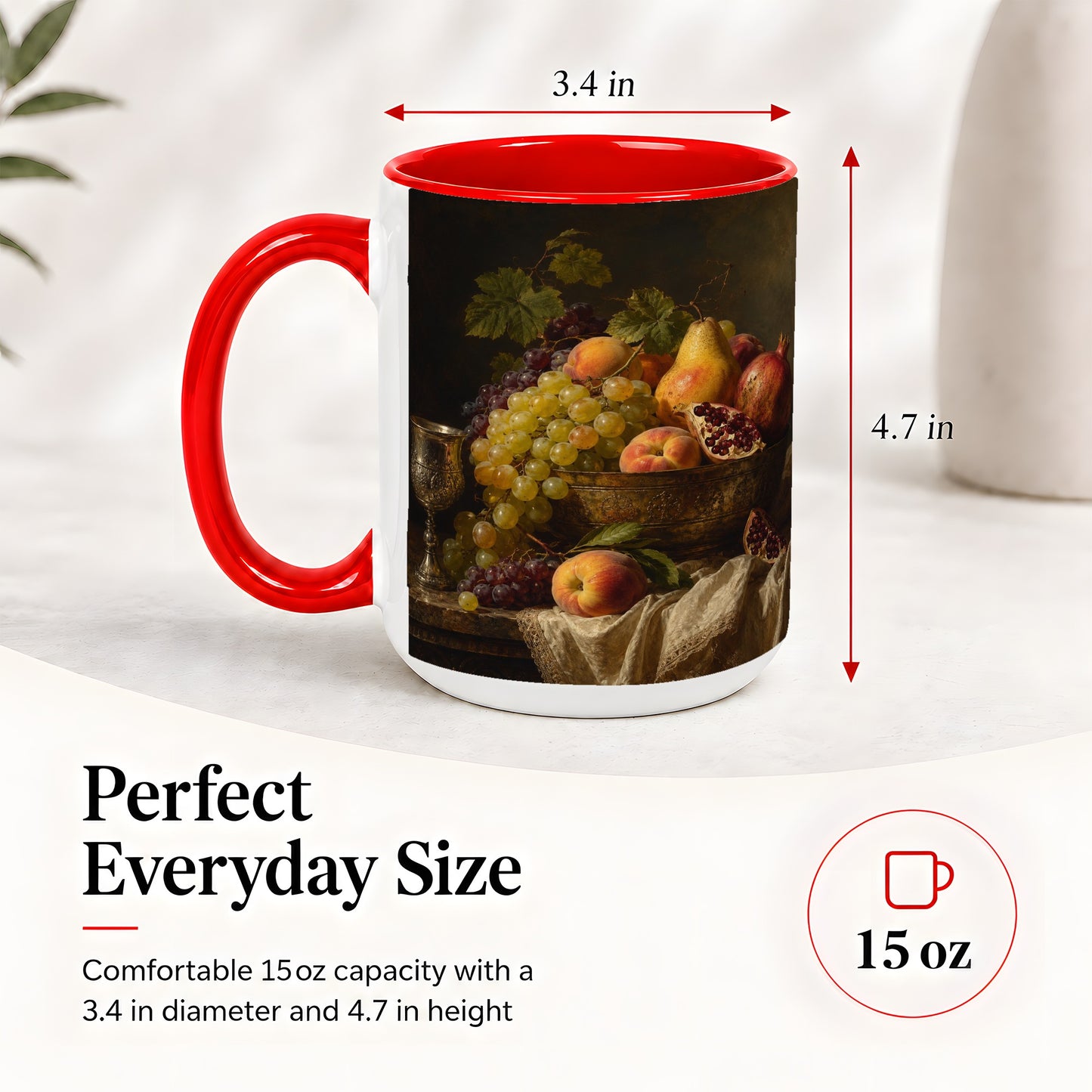 #pl[15oz|Red] Fruit Still Life Ceramic Mug, Vintage Grapes and Pomegranate Art