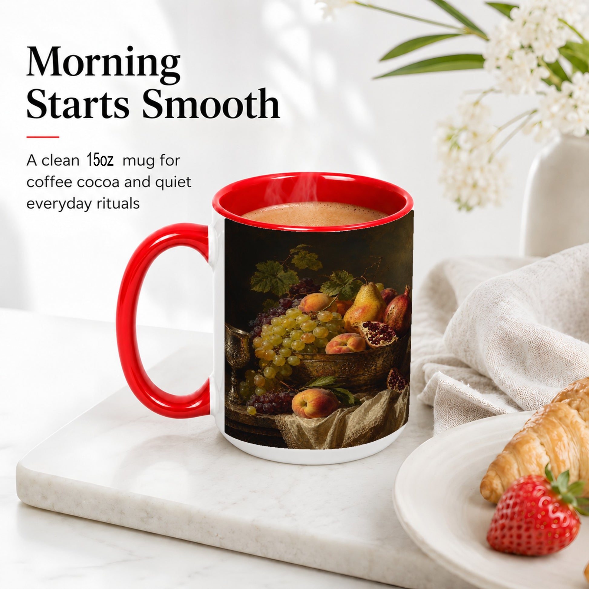 #pl[15oz|Red] Fruit Still Life Ceramic Mug, Vintage Grapes and Pomegranate Art