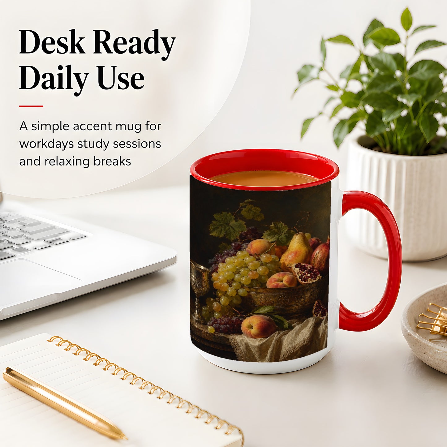 #pl[15oz|Red] Fruit Still Life Ceramic Mug, Vintage Grapes and Pomegranate Art
