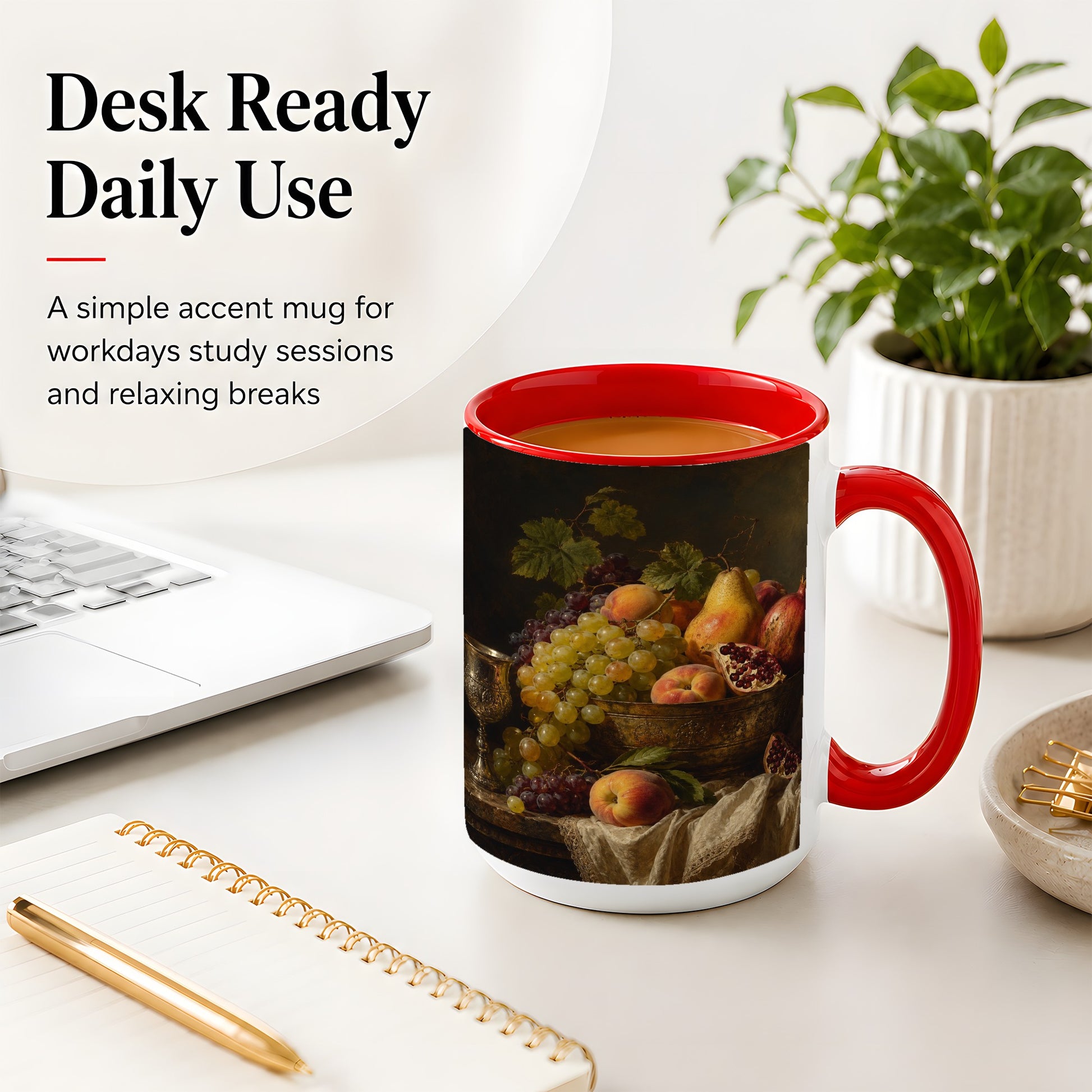 #pl[15oz|Red] Fruit Still Life Ceramic Mug, Vintage Grapes and Pomegranate Art