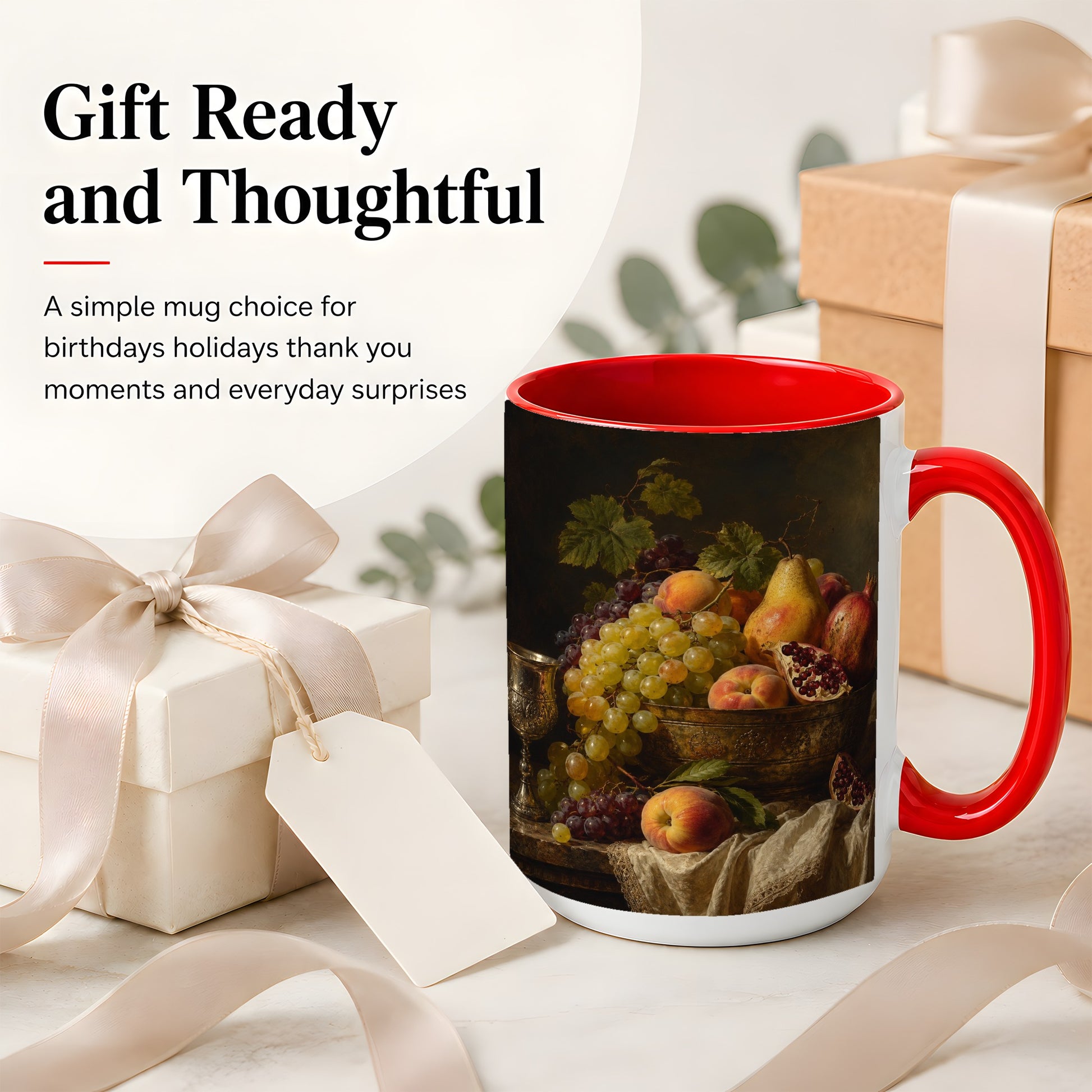 #pl[15oz|Red] Fruit Still Life Ceramic Mug, Vintage Grapes and Pomegranate Art