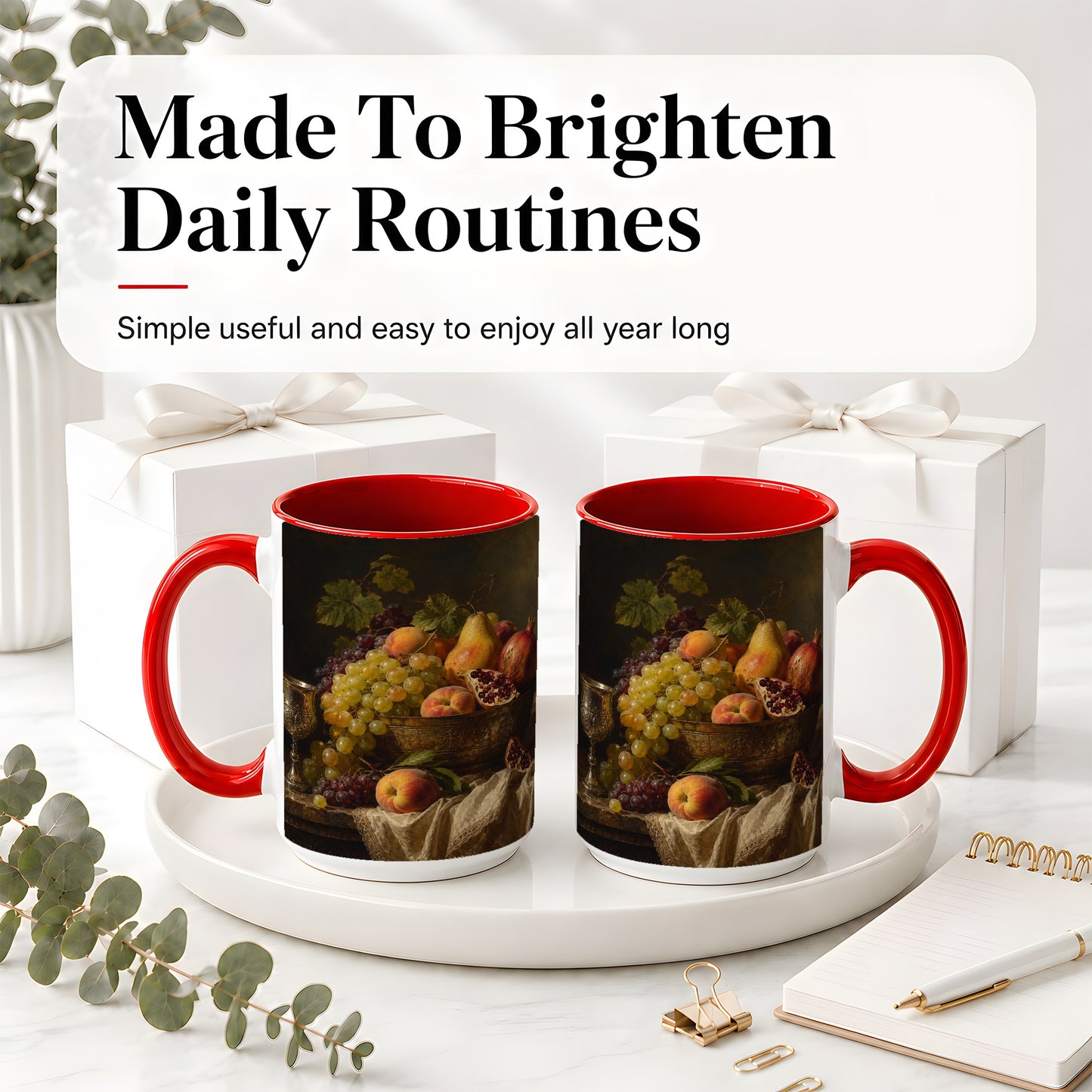 #pl[15oz|Red] Fruit Still Life Ceramic Mug, Vintage Grapes and Pomegranate Art