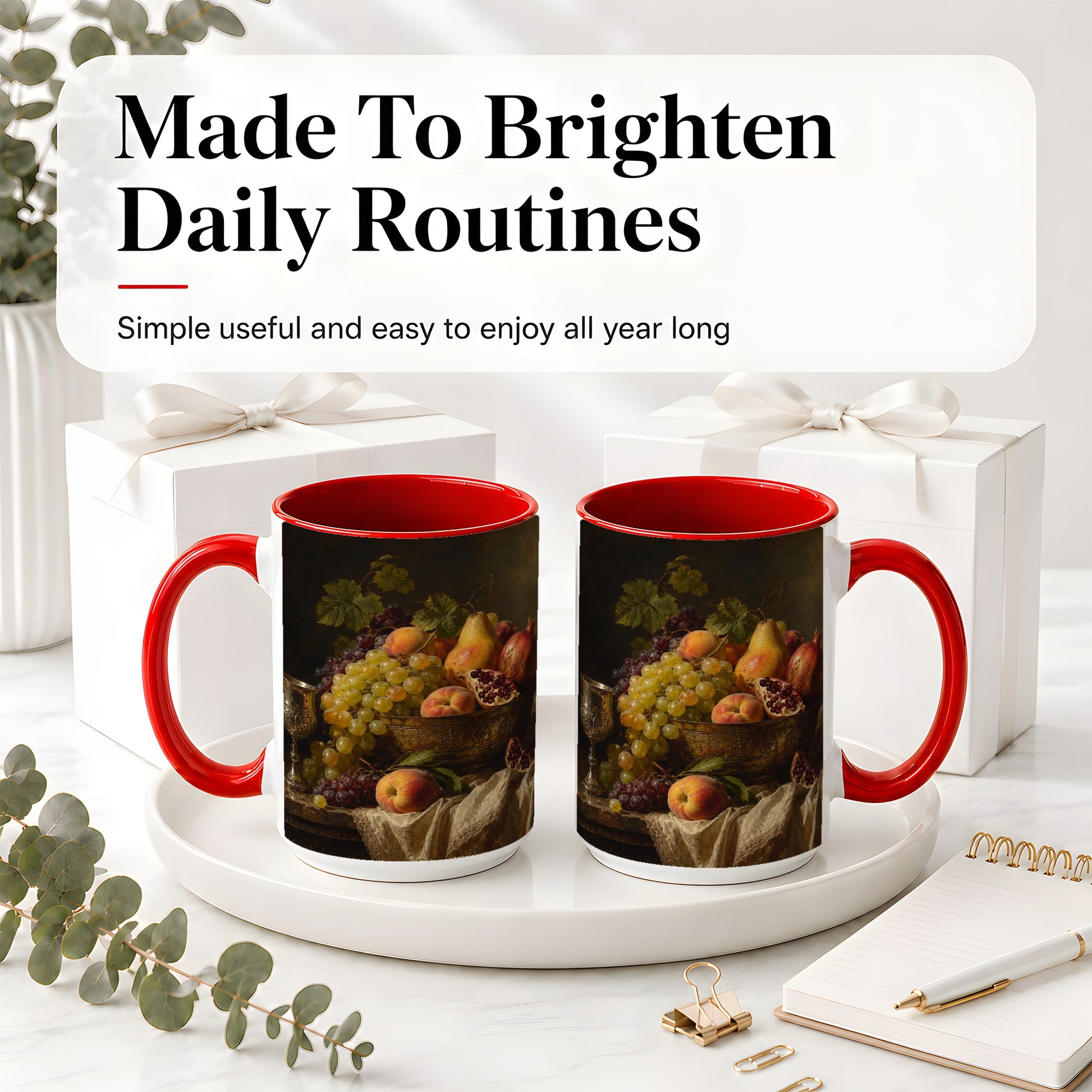 #pl[15oz|Red] Fruit Still Life Ceramic Mug, Vintage Grapes and Pomegranate Art