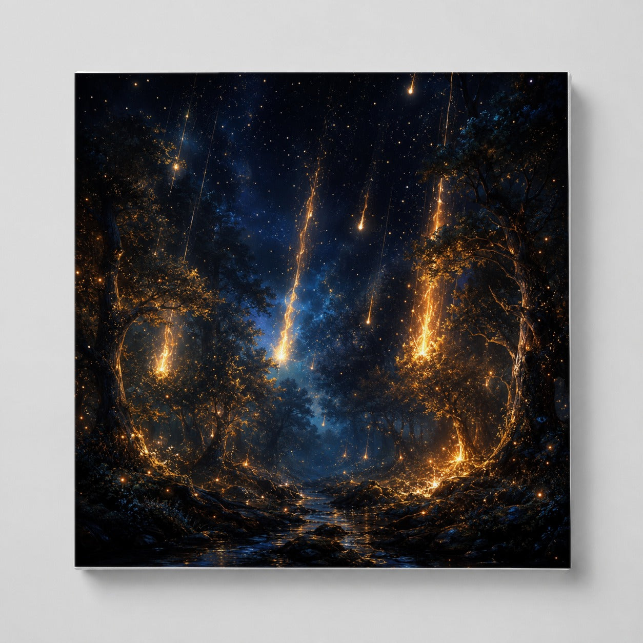 Meteor Shower Forest Square Canvas Wall Art, Celestial Night Scene