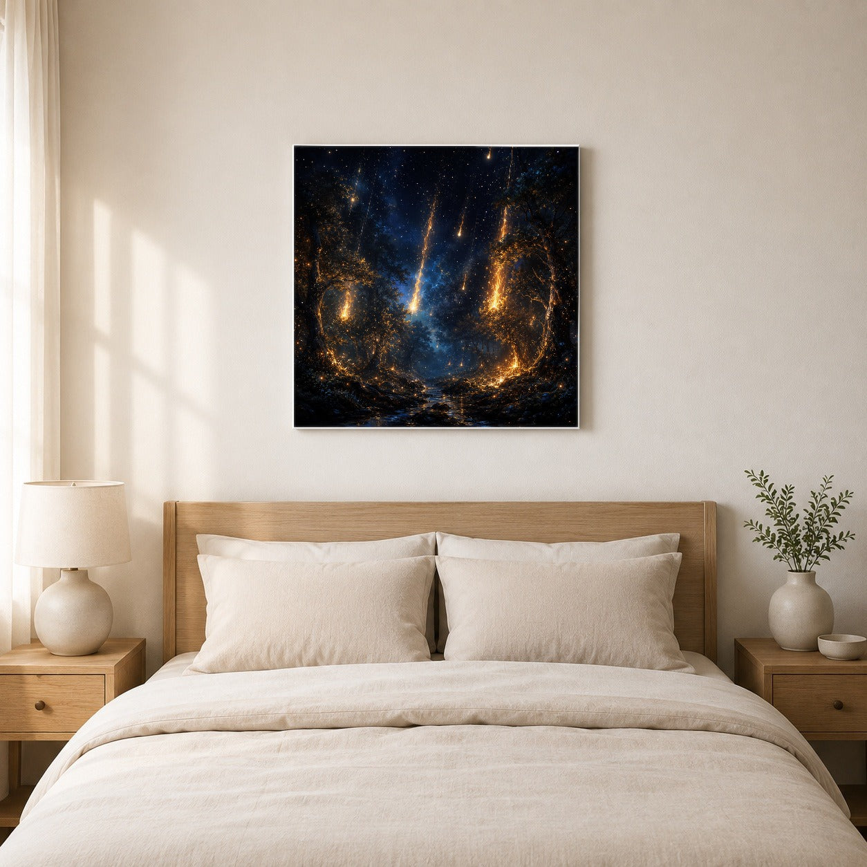 #pl[17x17 Inch|Multicolor] Meteor Shower Forest Square Canvas Wall Art, Celestial Night Scene