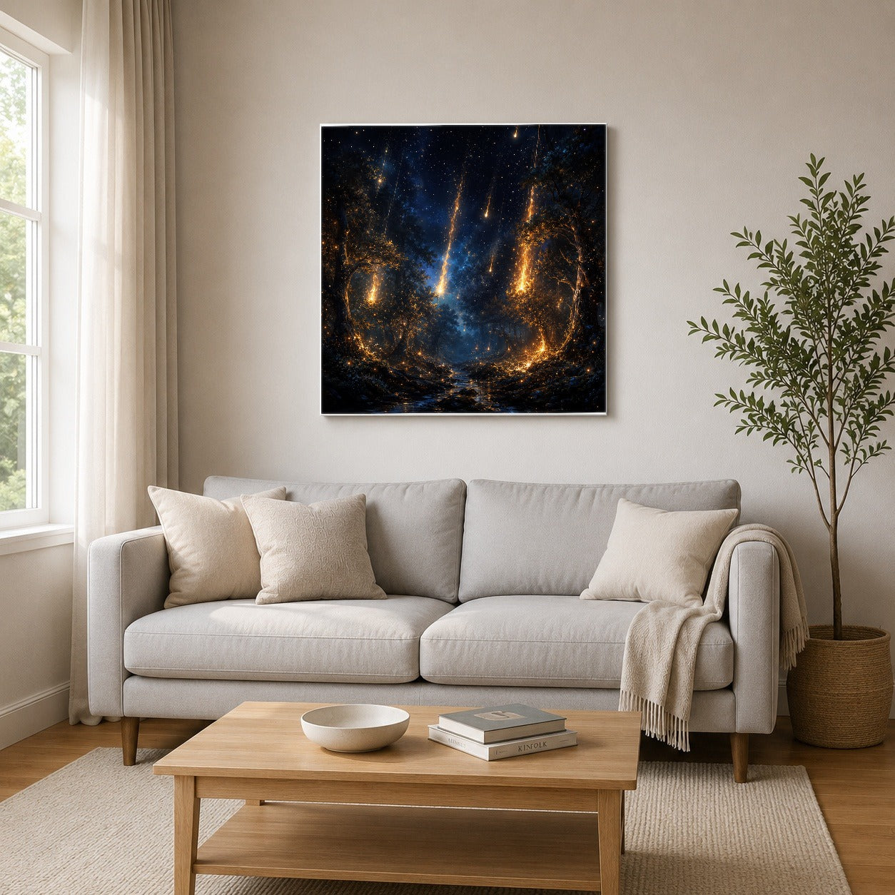 #pl[17x17 Inch|Multicolor] Meteor Shower Forest Square Canvas Wall Art, Celestial Night Scene