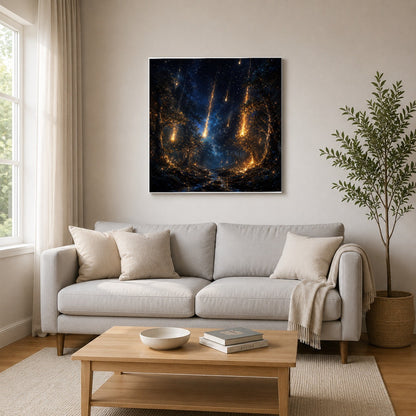 #pl[17x17 Inch|Multicolor] Meteor Shower Forest Square Canvas Wall Art, Celestial Night Scene