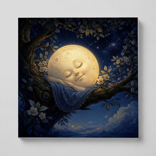 Sleeping Moon Square Canvas Wall Art, Dreamy Celestial Scene