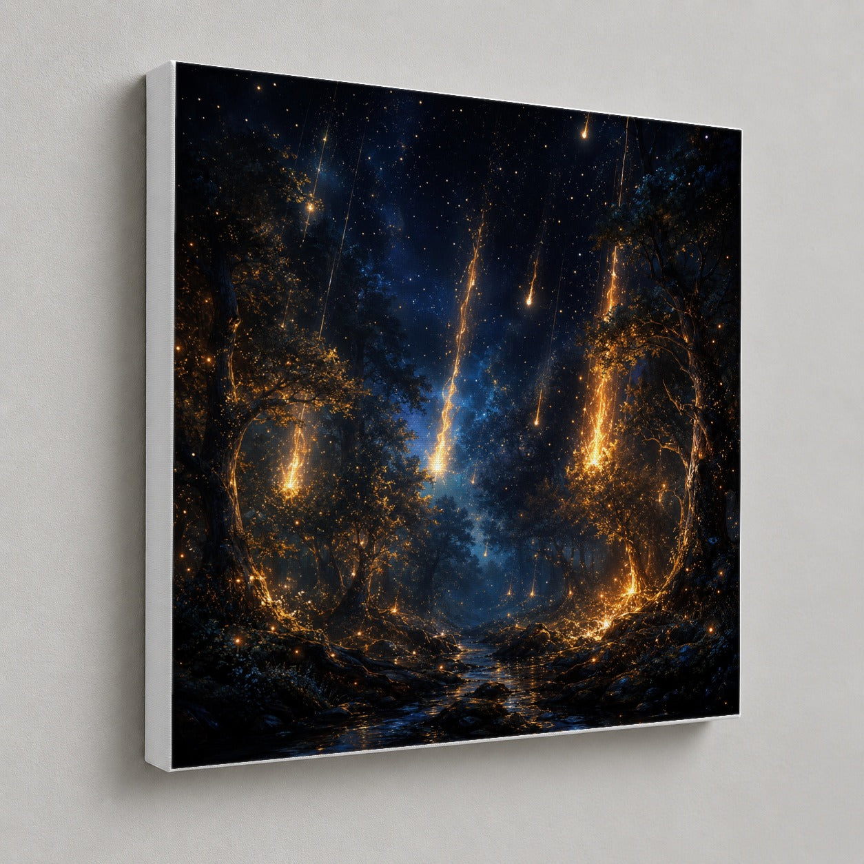 #pl[17x17 Inch|Multicolor] Meteor Shower Forest Square Canvas Wall Art, Celestial Night Scene