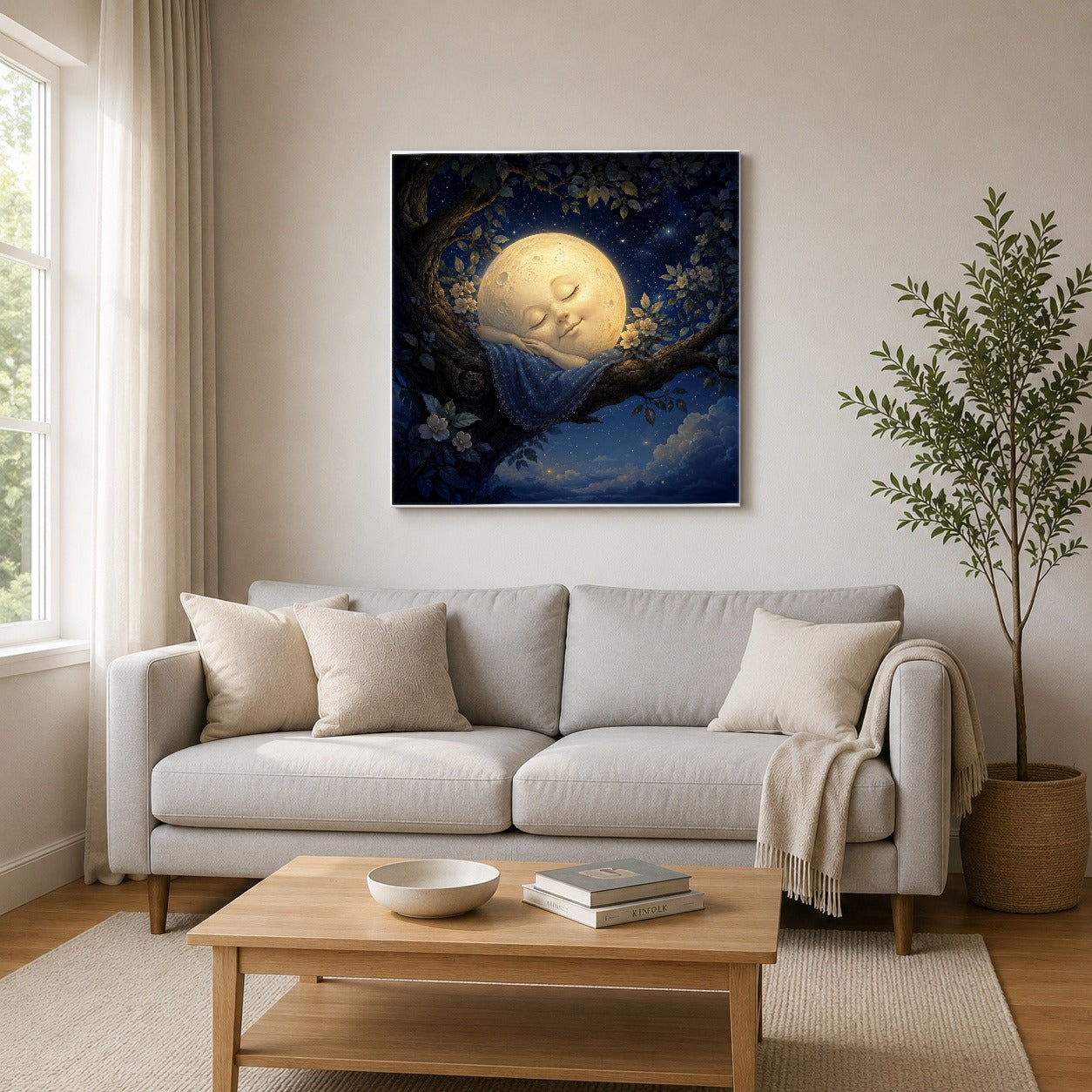 #pl[17x17 Inch|Multicolor] Sleeping Moon Square Canvas Wall Art, Dreamy Celestial Scene