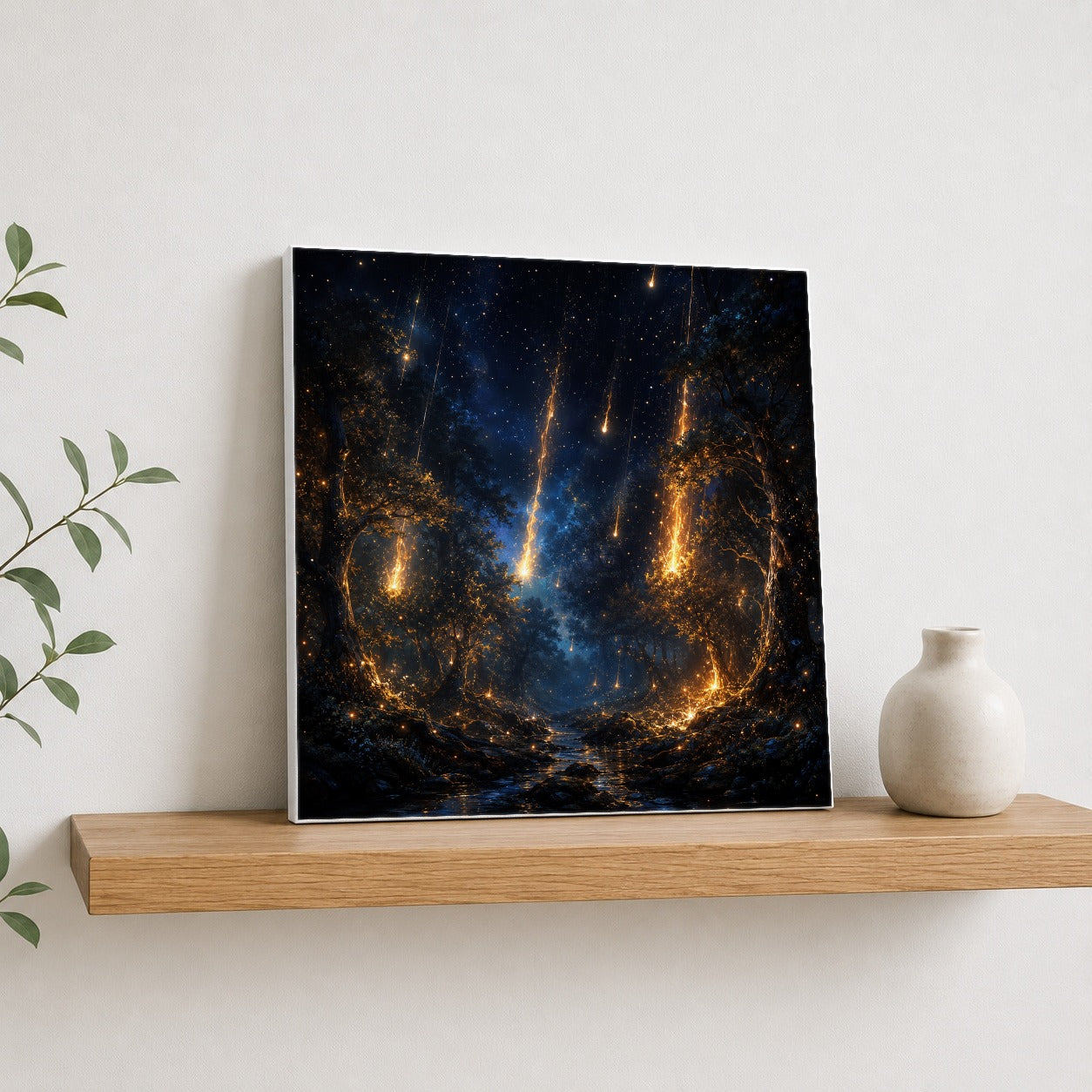 #pl[17x17 Inch|Multicolor] Meteor Shower Forest Square Canvas Wall Art, Celestial Night Scene