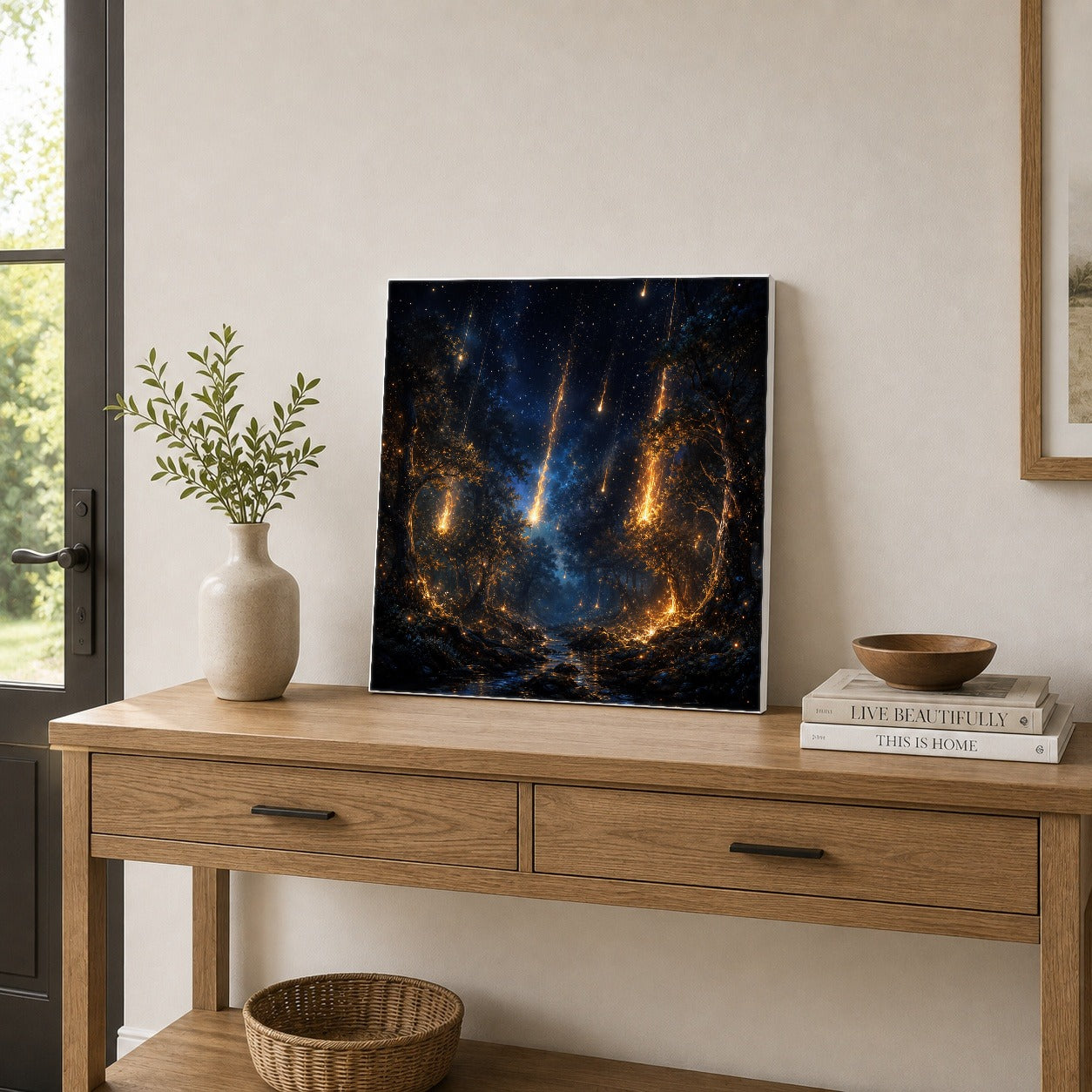 #pl[17x17 Inch|Multicolor] Meteor Shower Forest Square Canvas Wall Art, Celestial Night Scene