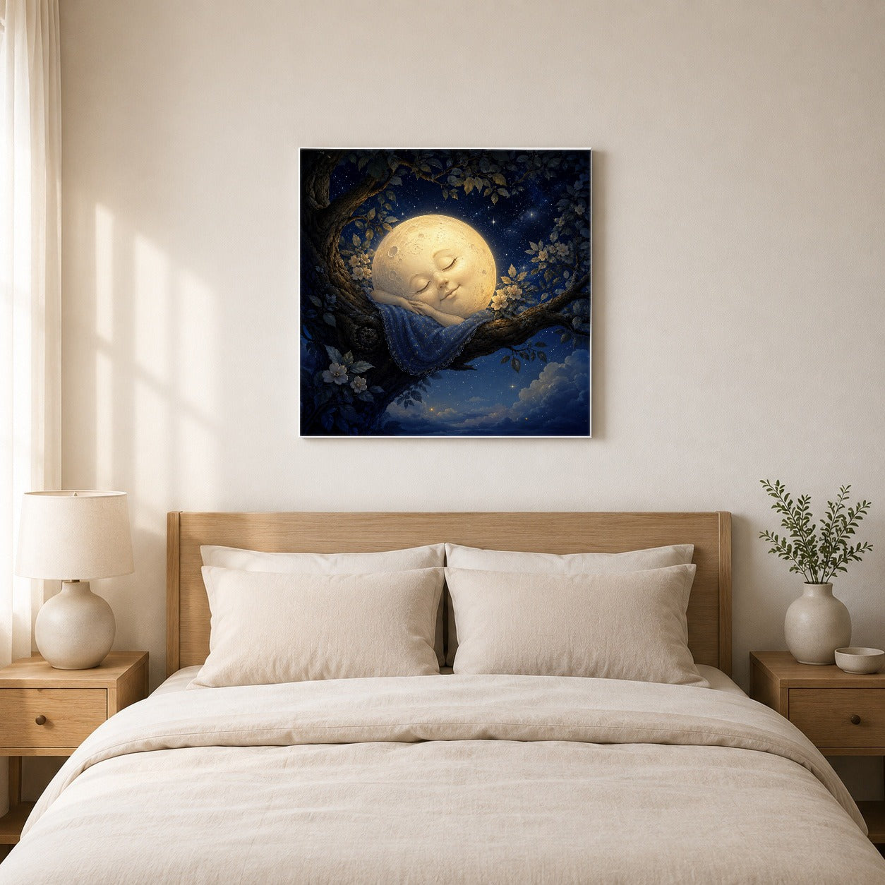 #pl[17x17 Inch|Multicolor] Sleeping Moon Square Canvas Wall Art, Dreamy Celestial Scene